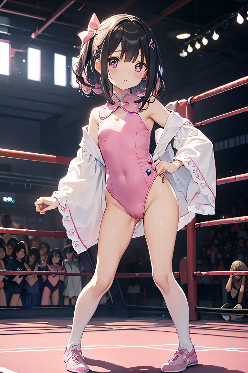 top-quality、extremely delicate and beautiful、Soio、Soio、Idol、8--old l、japanes、Lori、Chiquita、elementary stu、((Pink leotard))、(highleg)、Wrestling mat、is standing、Facing behind、s ass、