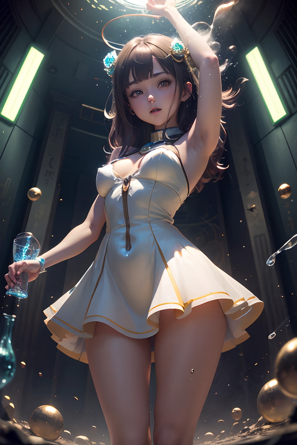 Masterpiece, high resolution, Anime style beautiful girl, In a filthy beaker, In ingress liquids, human - shaped, Magical Circle, Small room with phosphorescent flash, Perfect beautiful girl, , glowing from within, staring at the audience, Laughter, 3D rendering of, Perspective, Amazing anime illustrations, impressive lighting, Fantastic, dangerous, horrid