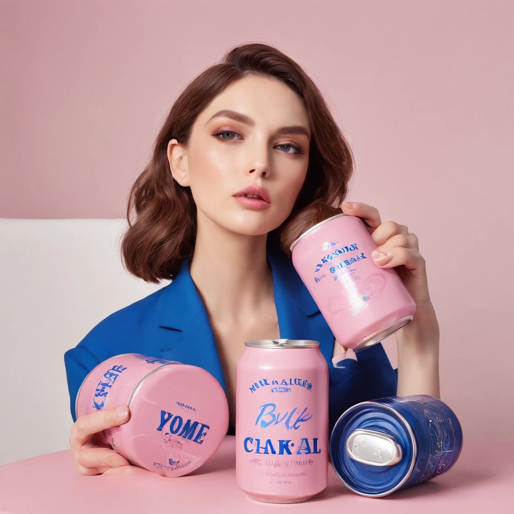 Elegant woman sipping pink and blue cans at home, The can is marked with the word BYSELF, Drink, Home, Leisurely, Blushing, glinting, Relaxing, slightly drunk, Product Photography