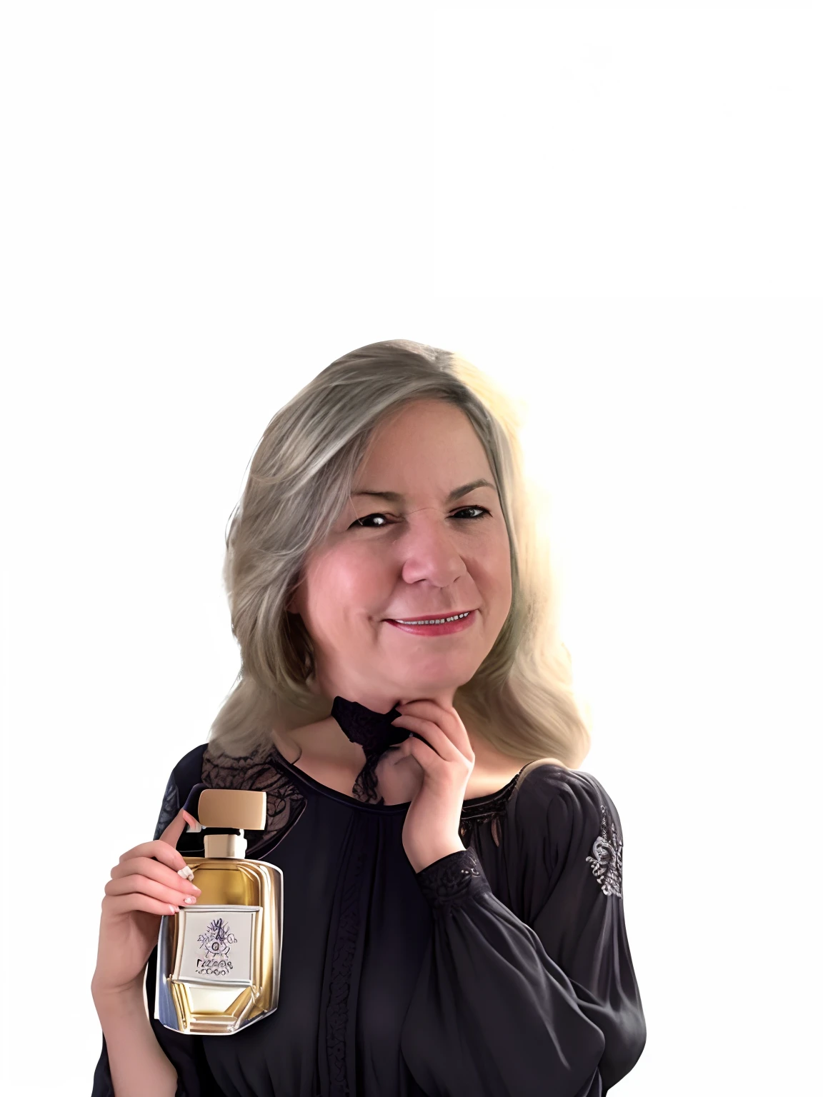 A mulher veste um conjunto executivo em tons alaranjados, com uma blusa de manga curta e uma saia na altura do joelho. The fabric has a soft and comfortable texture. The Natura logo is discreetly embroidered on the blouse. Behind her, there is a structure full of perfumes from the Natura line, com frascos elegantes e cores vibrantes, organizados em fileiras. Each perfume has braille labels for easy identification. Woman Shows Confidence While Surrounded by Natura Products.