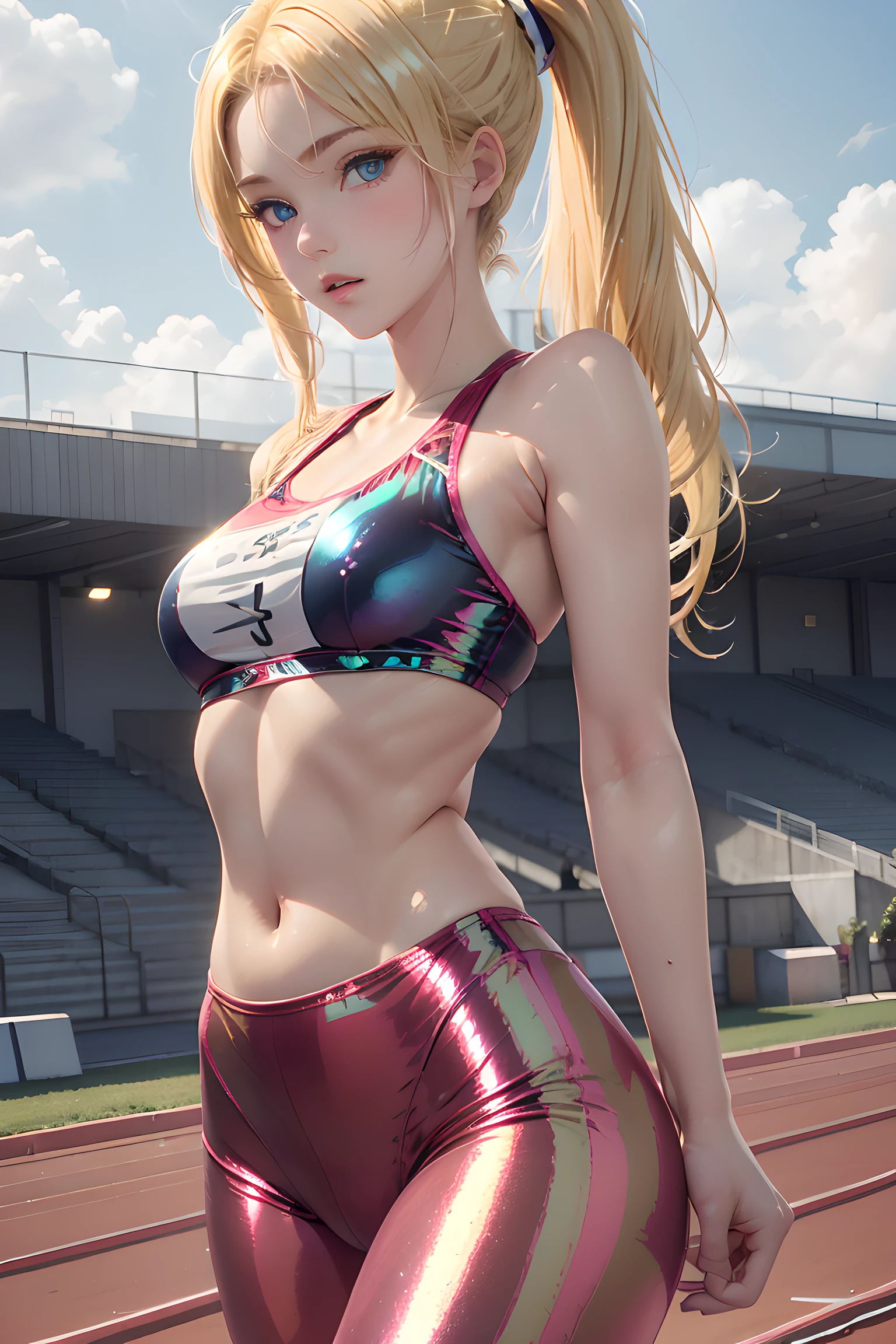 Beautiful illustration, top-quality, (cute Russian girl, white people:1.3), (((blonde hair:1.5))), (shiny-blonde ponytail hair:1.5, thin hair:1.3, blue eyes, pale skin:1.1), (beautiful, 20 years old:1.5), slim, slender, (small-medium breasts), (track and field Uniform:1.3), track and field background, arms behind back, a navel、bare-legged、blue eyess、lovely thighs、glowing thigh, pink Sports Bra, push up active yoga pants, (shiny materials:1.5), (looking straight at the viewer), (view viewer:1.3), (cowboy shot:1.3), top angle, from behind,