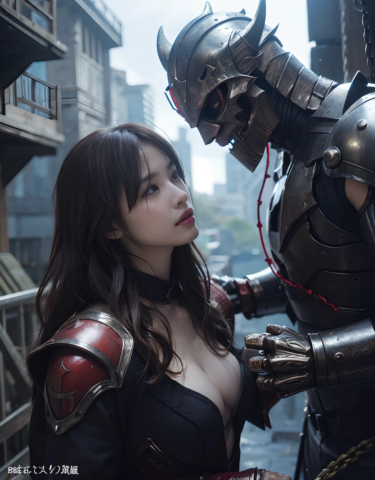 (One Knight Girl)、top-quality、masterpiece、超A high resolution、(Photorealsitic:1.4)、Raw photo、1人、Fight mutants、(Wear the Dark Knight's Armor)、glowy skin、(((Dark Fantasy)))、With a beautiful sword and shield、(Black Metal Bodysuit)、(Fight goblins、ogre、Fierce battle with orcs),(Fight fiercely against aliens)、Fight fiercely、(Skeleton collective background),(Background of decaying dungeon ruins)、(Skeleton helmet)、(Fighting Demonic Beasts)、(Small LED)、((super realistic details))、portlate、(Strong giant demon beast background),globalillumination、Shadow、octan render、8K、ultrasharp、Colossal tits、Raw skin is exposed in cleavage、metals、Details of complex ornaments、Japan details、highly intricate detail、Realistic light、(Mystical expression),CGSoation Trends、Red Eyes、radiant eyes、Facing the camera、neon details、(Mechanical limbs)、(blood vessels connected to tubes)、()、Gundam、Small LED、Toostock、(Fight aliens on another planet)、(Attack of the Monster Beasts)、(Wounded in a deadly battle)、