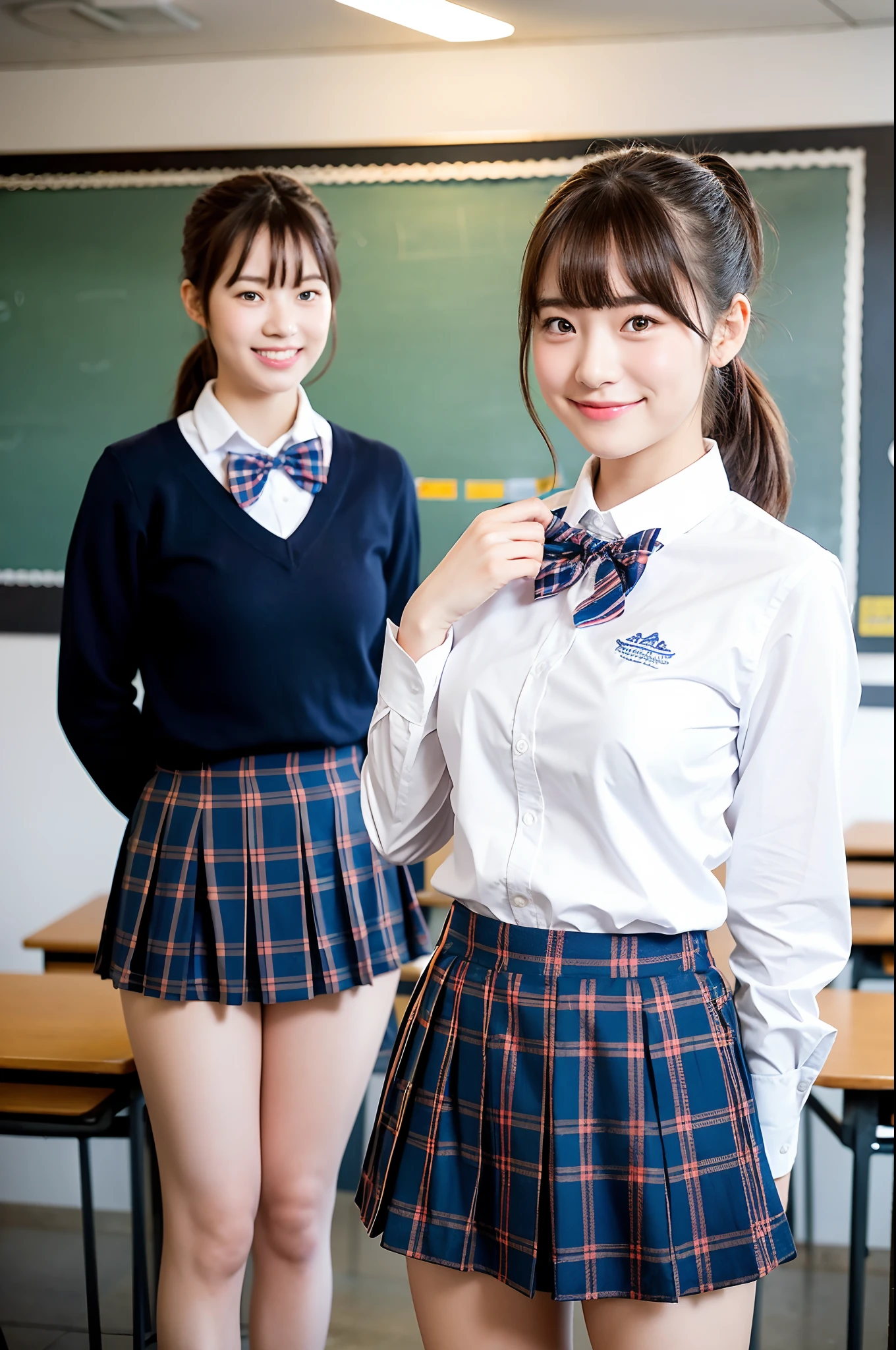 2 girls in wooden school classroom,untucked white shirt,gray pleated skirt,white over-the-knee socks,plaid bow tie,18-year-old,bangs,a little smile,thighs,knees,short hair with low pigtails,from before,front light