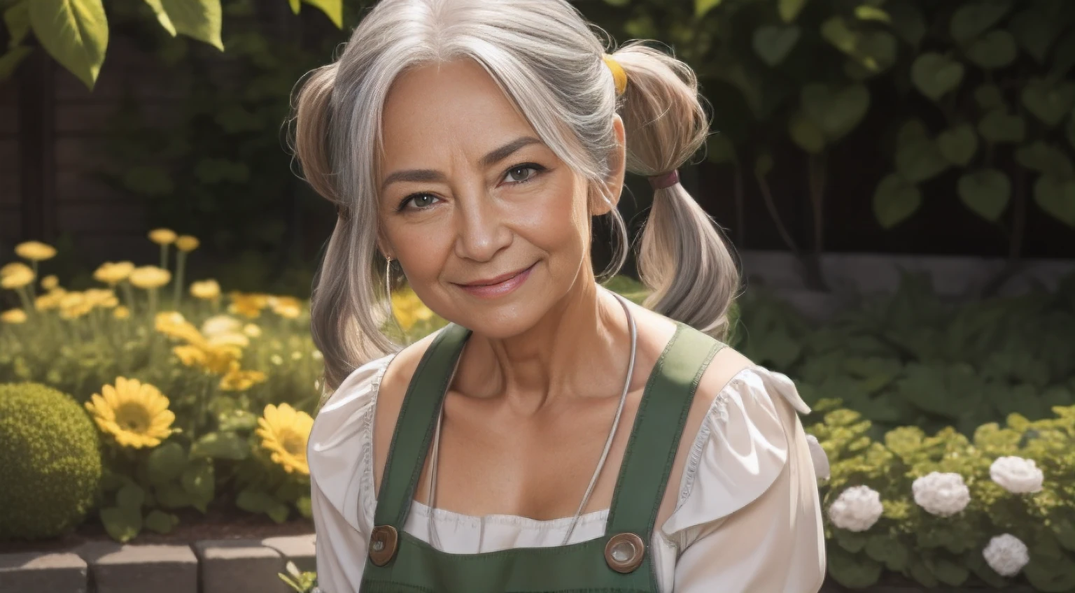 portrait of a 65-year-old woman with gray hair, seductive gaze, brown eyes, some wrinkles on her face, 8k, dark green rubber boots,detailed background, wrinkles on body, spring garden, light sunshining, outdoor beautiful garden, NSFW:1.1, yellow apron with high neckline, showing full body, full body, quite small breasts are exposed, looking at viewer, smiling, teeth indoors,soft lighting, extreme detail, hdr, pigtails in the front