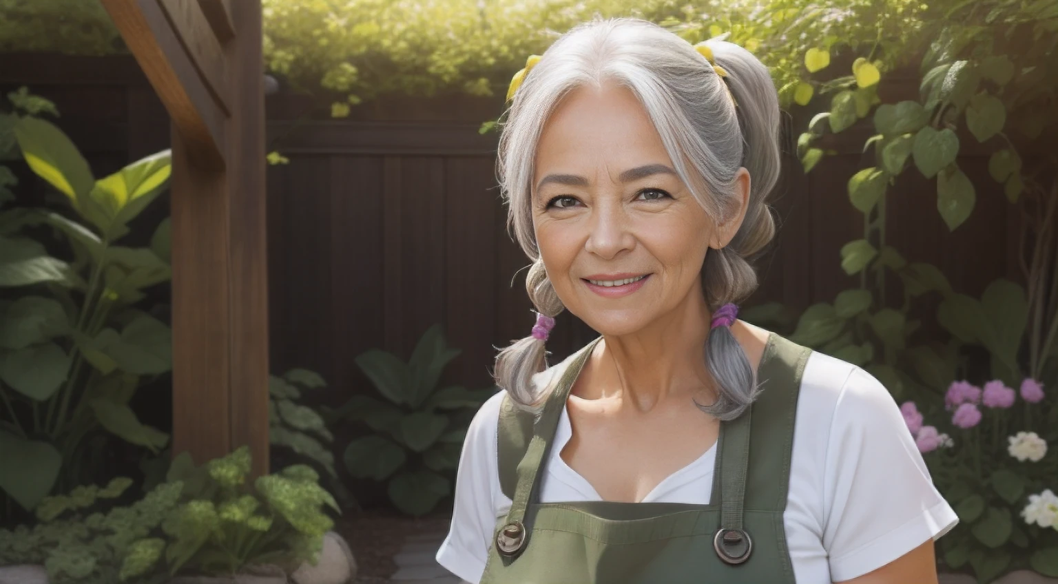 portrait of a 65-year-old woman with gray hair, seductive gaze, brown eyes, some wrinkles on her face, 8k, dark green rubber boots,detailed background, wrinkles on body, spring garden, light sunshining, outdoor beautiful garden, NSFW, yellow apron with high neckline, showing full body, full body, quite small breasts are exposed, looking at viewer, smiling, teeth indoors,soft lighting, extreme detail, hdr, pigtails in the front
