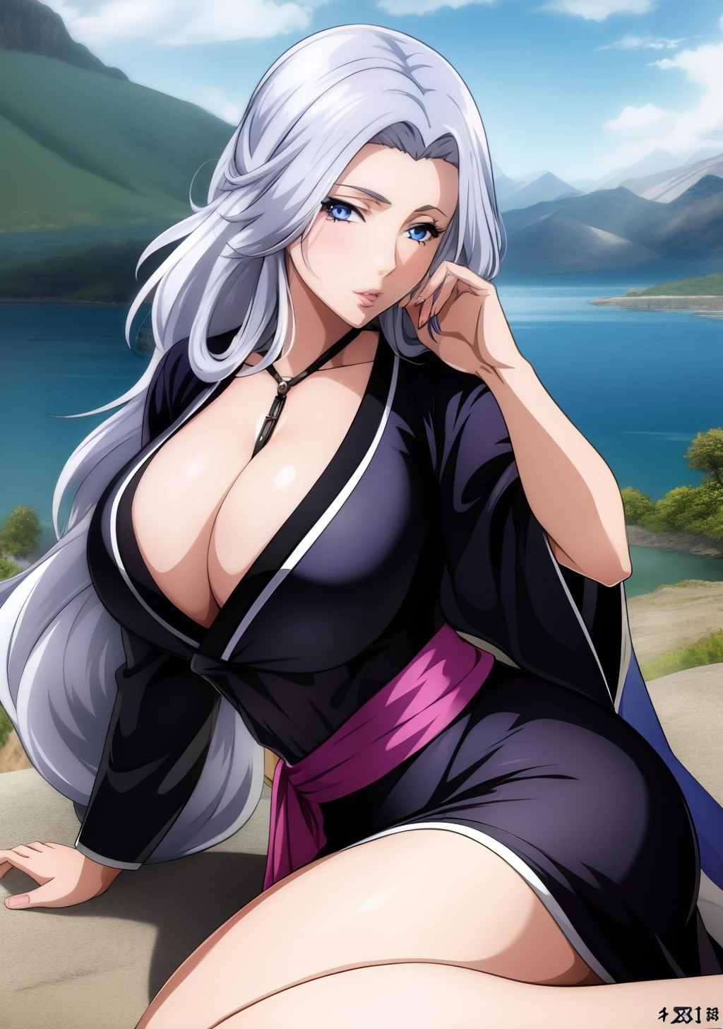 1girl, silver hair, blue eyes, kimono, cleavage, long hair, intrincate details, detailed, masterpiece, best quality, 4K, HDR, mountain,