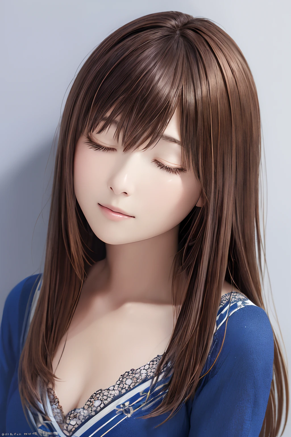 an oil painting、Top image quality、(((Brown hair)))front facing、Pull angle of view、1girl in,Pitch black background、 Solo, masutepiece, Best Quality, Rinoa, Blue Duster, Blue wristband, Upper body, Portrait, Suyasuya、(((looks sleepy)))、(((Closing your eyes)))