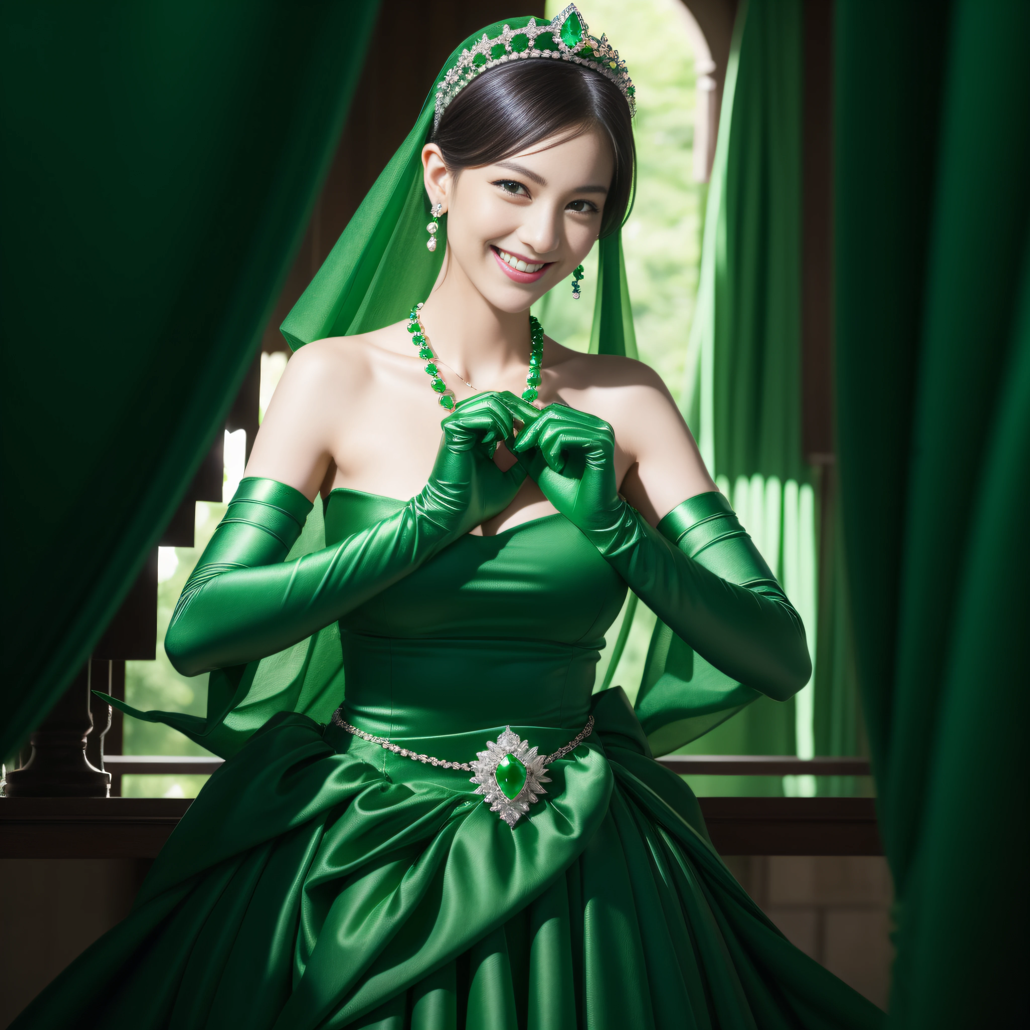emerald tiara, Green Pearl Necklace, Boyish very short black hair, lipsticks, Japan woman smiling, very short short hair, big breasts beautiful, Green eyes, Long green gloves made of satin material, Green eyes, Emerald Earrings