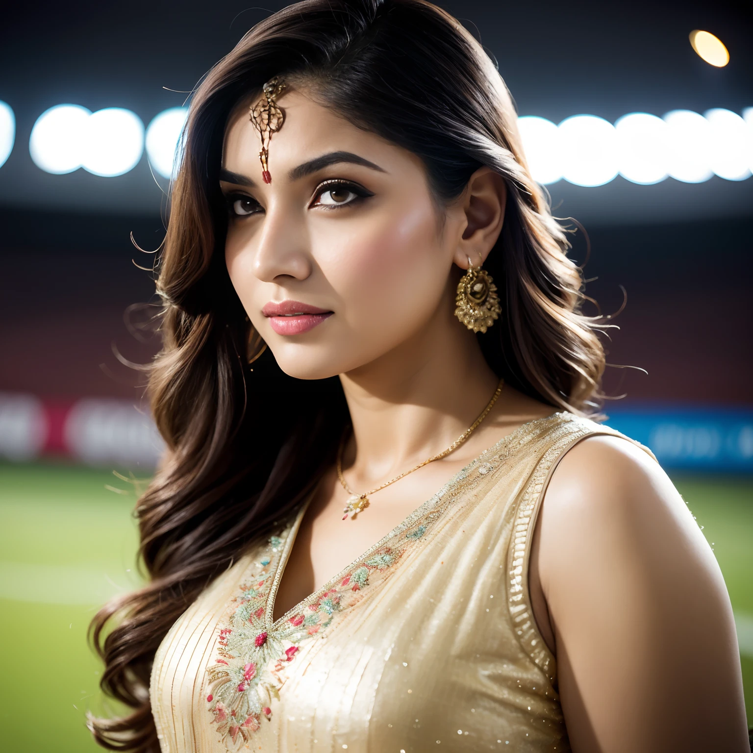 Portrait of A confident-looking indian woman with long flowing hair, hazel eyes, c-cup breasts, watching cricket in stadium , bokeh, perfect composition, hyperrealistic, super detailed, 8k, high quality, trending art, trending on artstation, sharp focus,  studio photo, intricate details, highly detailed