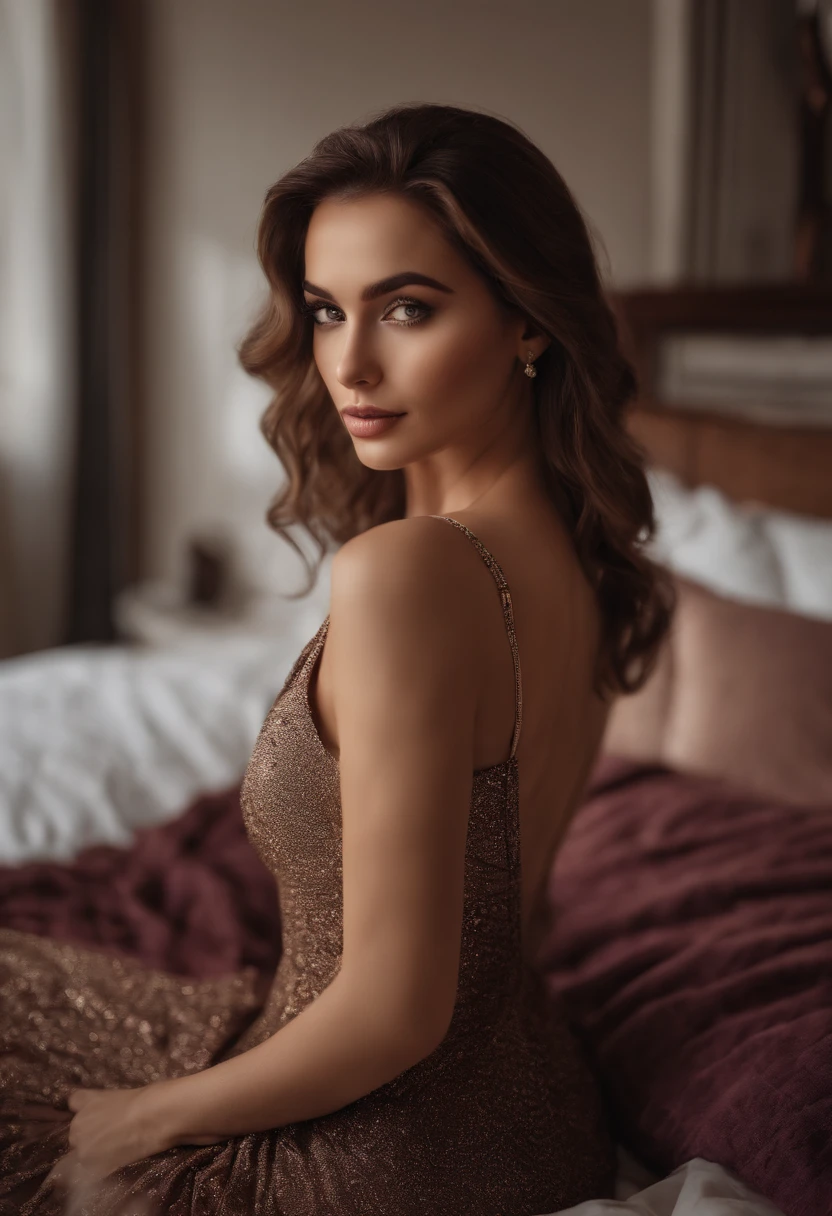 Latino and Swedish Woman, sexy girl with blue eyes, ultra realist, Meticulously detailed, Portrait Sophie Mudd, brown hair and big eyes, selfie of a young woman, London background, black suite, with makeup, natural makeup, looking straight at camera , Face with Artgram, Subtle makeup, Great photo of the whole body kneeling on the bed, in the bedroom, Medium to large bust, in a sexy dress outfit, standing on London park