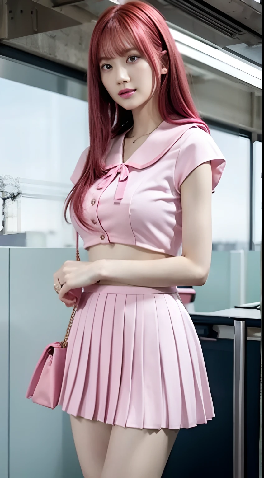 top-quality、girl、Cyberpunk City、redhair、length hair、(((Pink pleated skirt)))、(((pink sailor suit)))、shortsleeves、Colossal tits、a navel、Flipping up the skirt with your hands、Show white panties、Pull up your skirt and show your panties、bare-legged、Blue eyes、in a office、lovely thighs、glowing thigh, Soothing, hyperdetails,