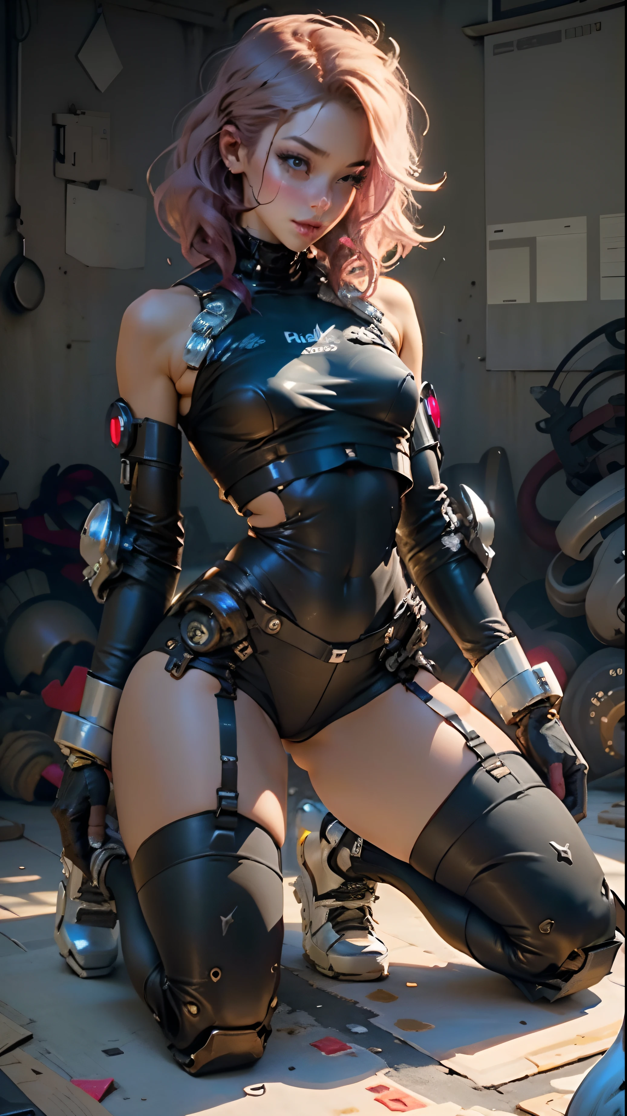 Woman body defined thick thighs cybernetic body parts, short underwear stockings, kneeling submissive