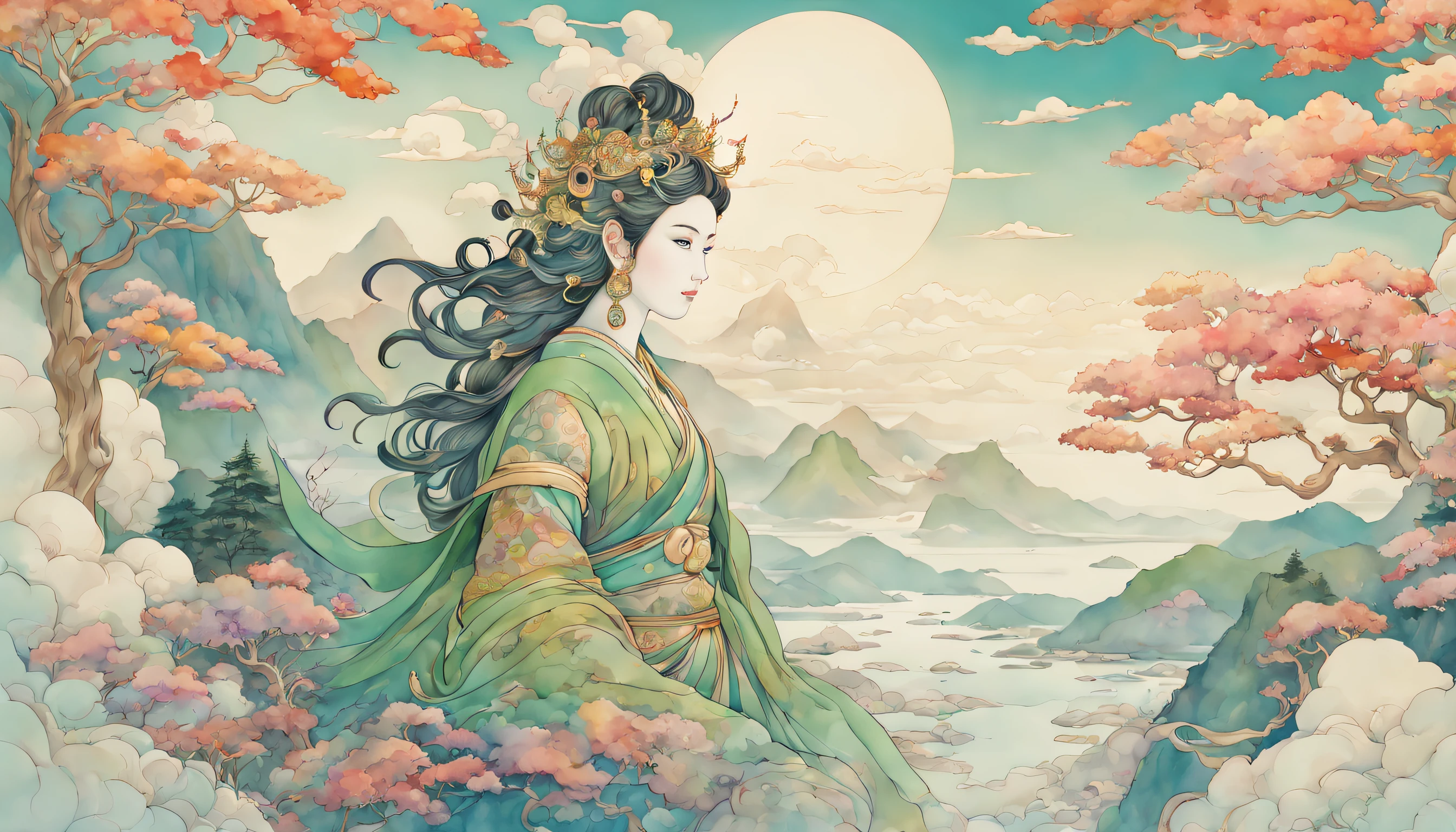 dunhuang art style illustration,blue tones,a tiny mysterious figure with traditional skirt standing onthe long ancient scroll with Buddhist scriptures,zen,the stars are brilliant,dazzling,light and shadow,gradient blue color,blue and orange,super grand scenes,with fluid movements,extremely delicate brushstrokes,soft and smooth,clean background,historical paintings,3d rendering