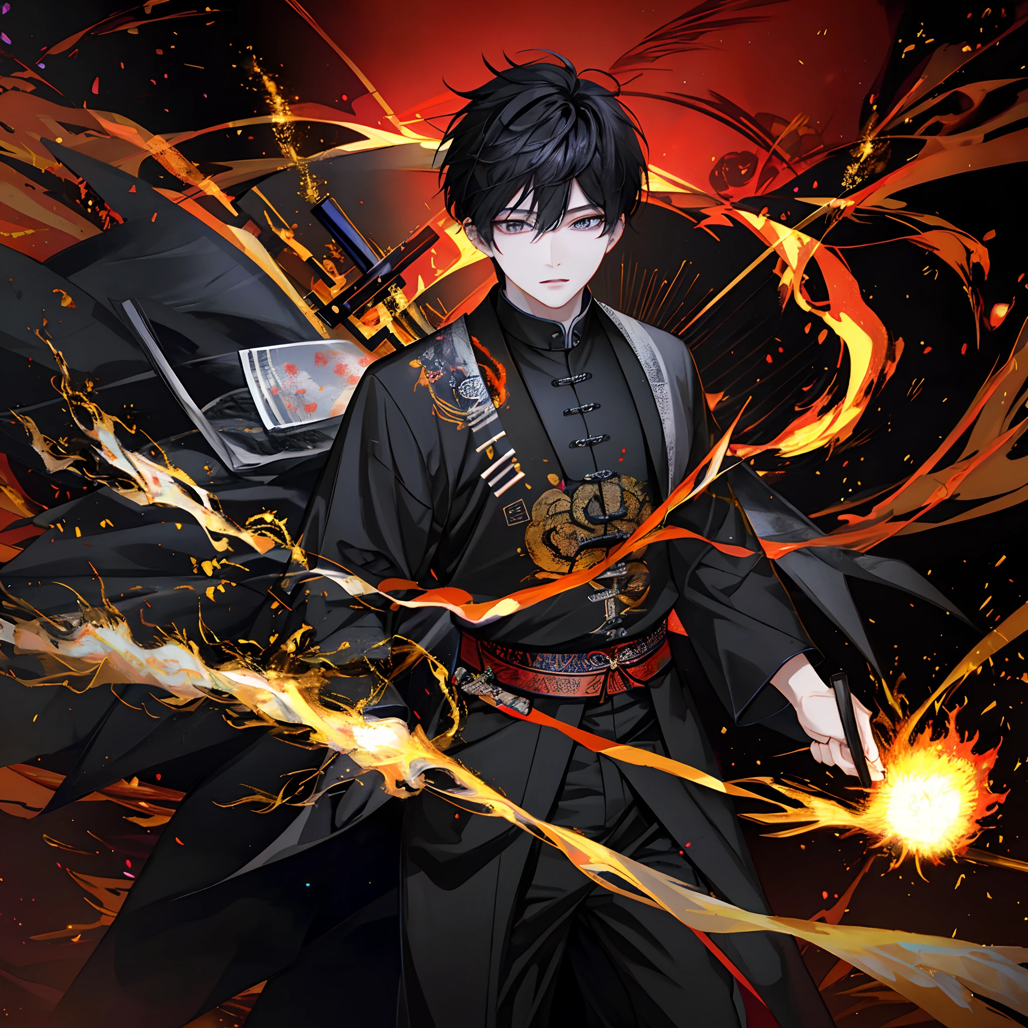 Best quality, Masterpiece, 超高分辨率, Detailed background, Realistic, Black color hair，Libido boy，Blackn clothes,Black eyes,  Flames erupted from the palms of the hands，balls of fire，Blazing depth of field，火焰，vortex，spark of light，