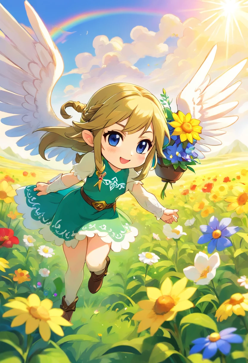 tchibi、White double-winged、A dark-haired、Smiling Angel、Floating、flower  field