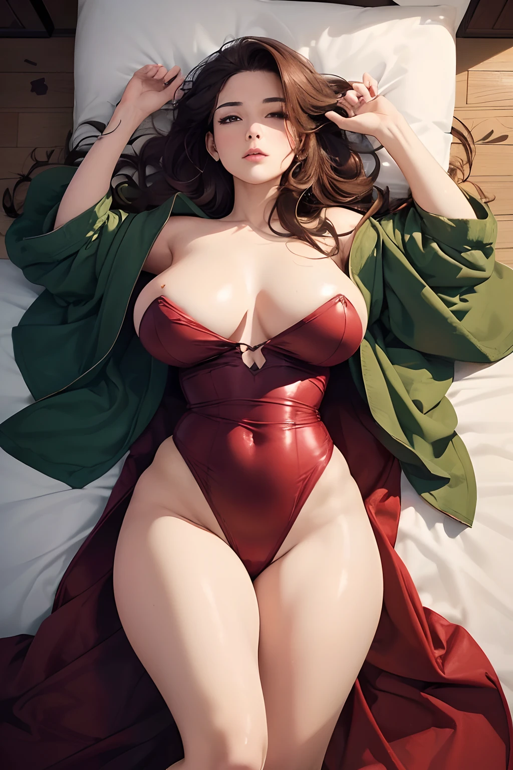 ((masterpiece, best quality, cinematic, photorealistic, ultra-detailed)), ((medium shot, from above)), ((alluring girl)), ((voluptuous body, perfect anatomy, sexy body)), ((glossy red skin, hot and sexy)), ((perfect hands)), ((large breasts)), ((long round legs)), (detailed and shiny hair, dark brown hair, loose waves hairstyle), ((wearing deep emerald green fur bathrobe)), ((sensual pose, lying face down))