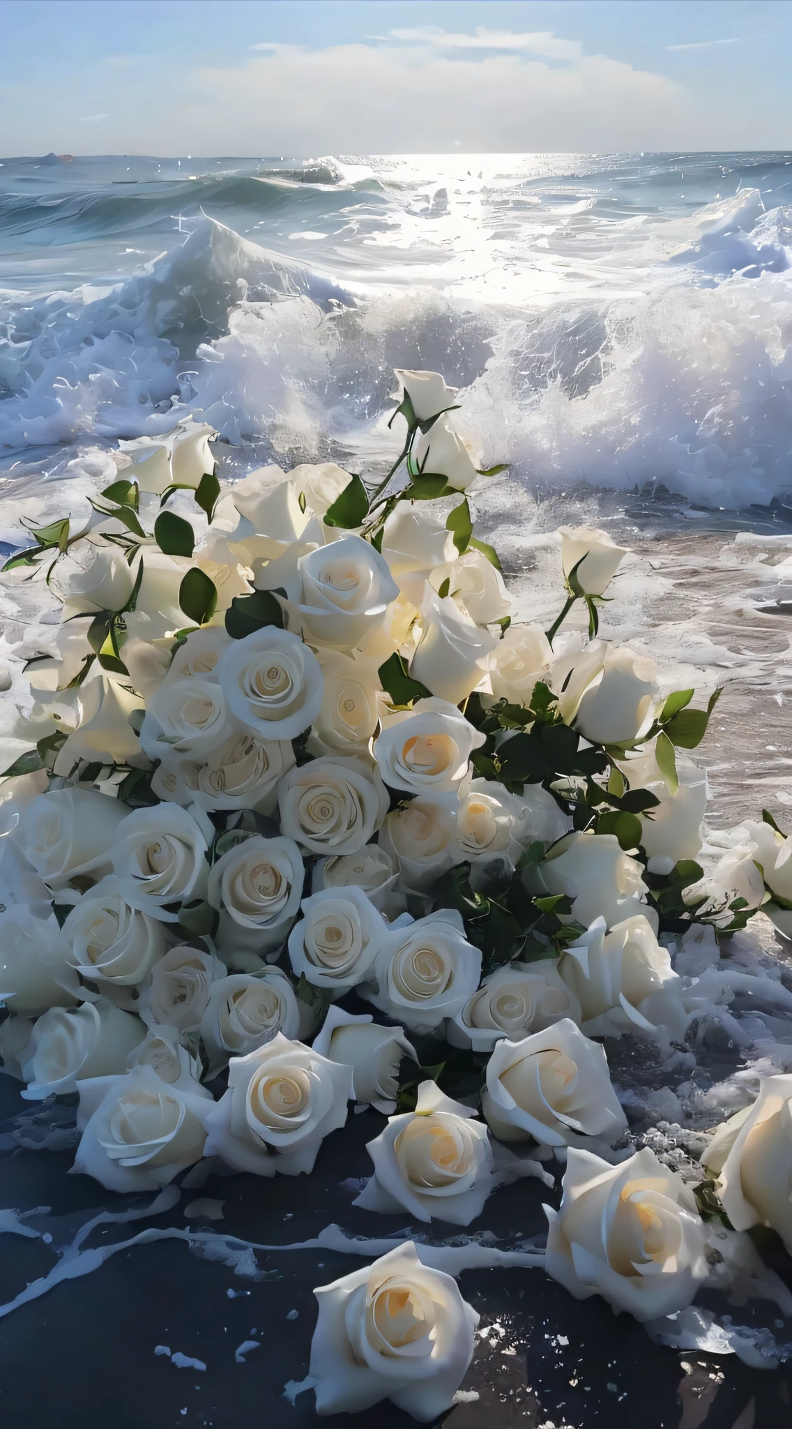 There are a lot of white roses on the beach by the water, White roses, flowers sea rainning everywhere, flowers sea everywhere, rosses, laying on roses, exploding roses, rosette, Beautiful and aesthetic, roses in cinematic light, Sea foam, Overflowing, rose background, a few roses, floating bouquets, Waves and waves, !!Natural beauty!!, rough waters
