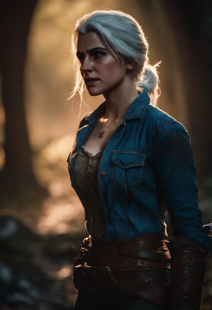 Ciri from The Witcher III the game, jeans, worried, embarrassed, (standing)(scared), attacked by monster, (((pee stain))), medium: digital art, detailed expressions, intense atmosphere, high-res, dark fantasy, dramatic lighting, vibrant colors
