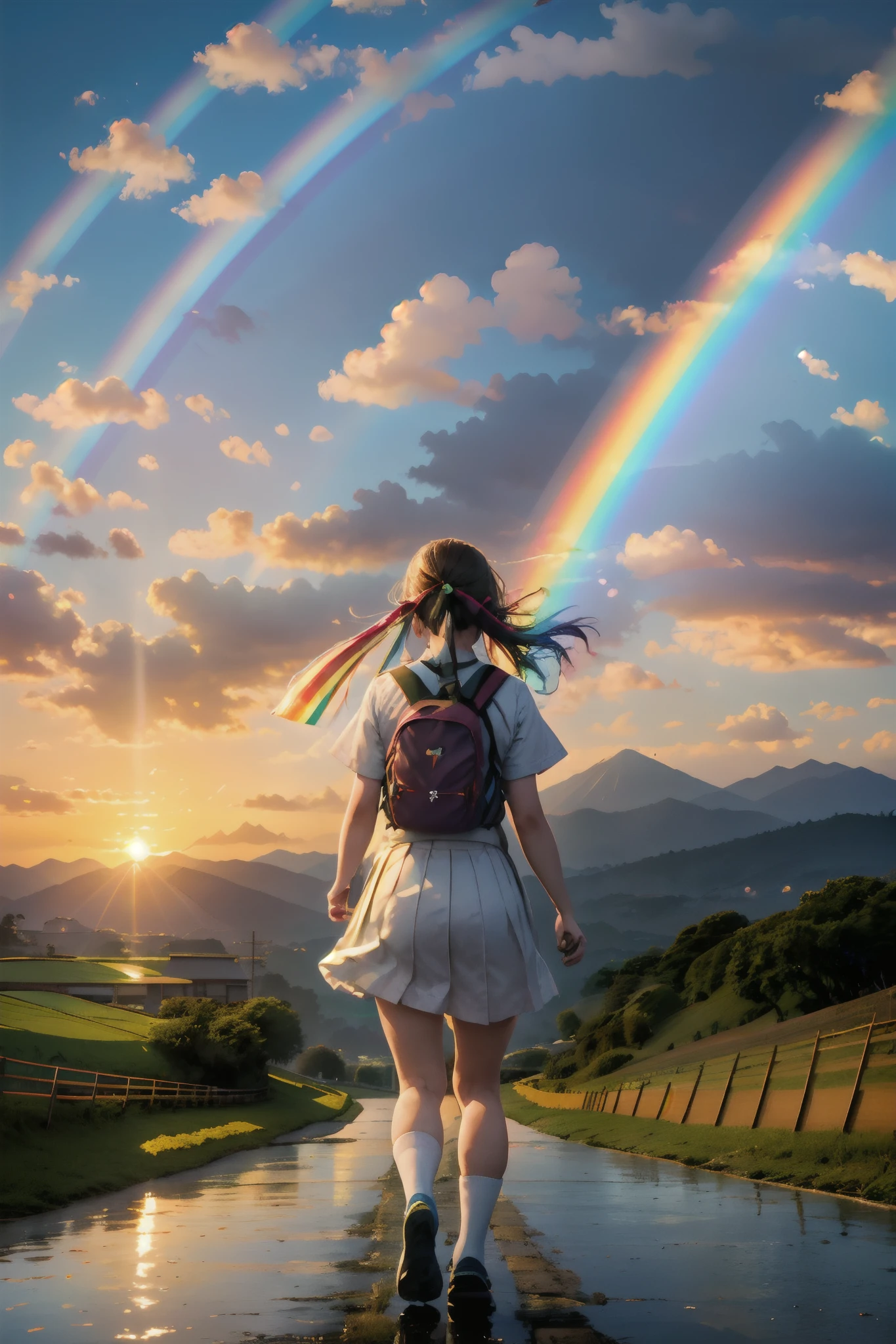 rainbows、Beautiful rainbow、(Rainbow sky:1.5), High school girl running towards rainbow hanging towards the mountain、maior, Beautiful rainbow on the mountain、Japanese high school  girl、wearing  a school uniform、Road after rain、rice fields、mont、rainbows、countryside view、Countryside landscape in Japan、Sunset、red dragonfly、Play splash on red fly background,