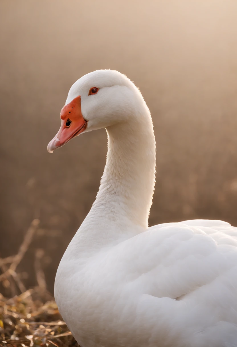poultry,gooses,The white goose flutters gracefully on its fingers, Strong morning light pervaded the fog,strike,saunt、 Highlight its intricate feathers with dramatic side lighting、Full body like,hentail realism、Realistic、simplebackground,k hd,