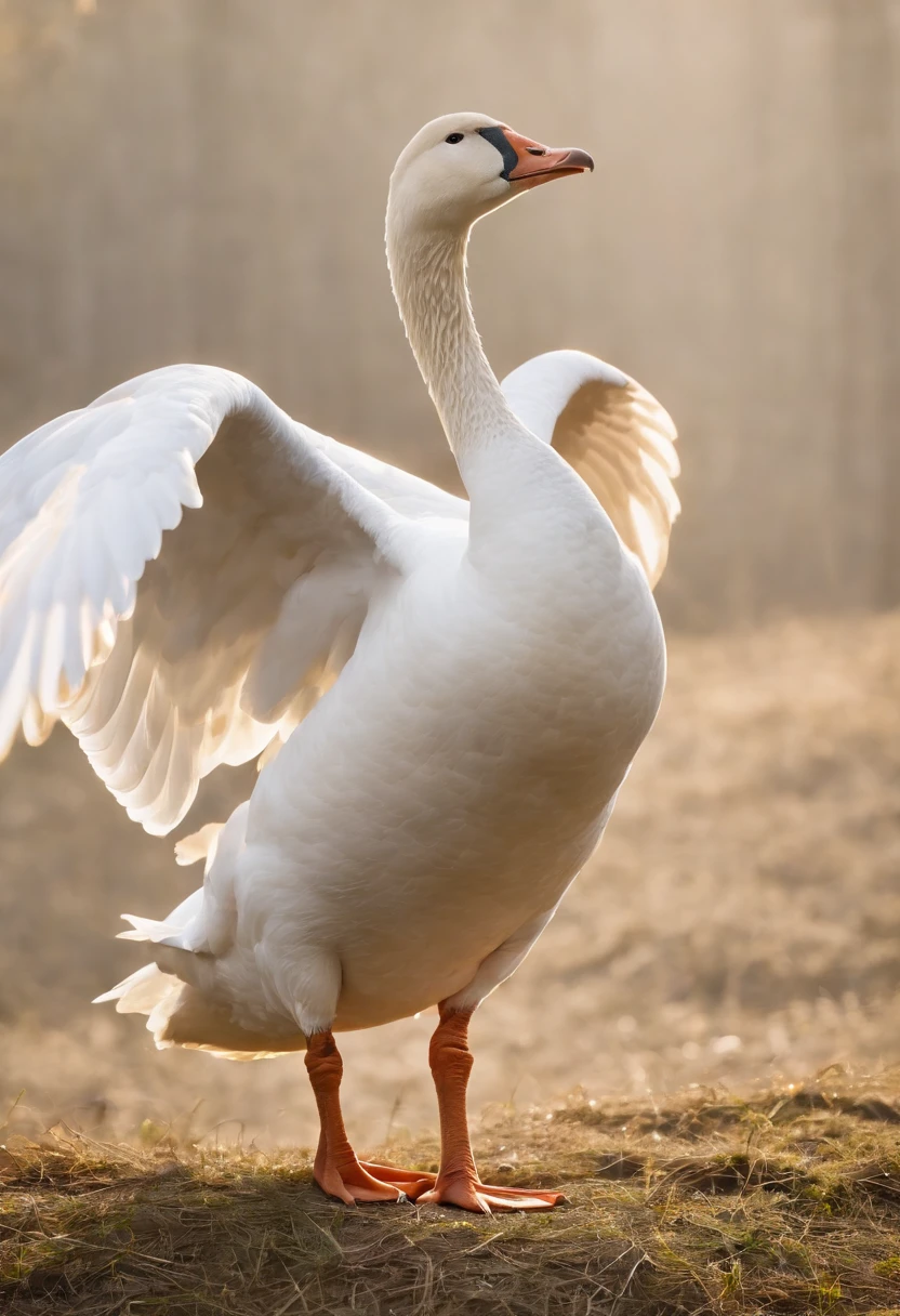 poultry,gooses,The white goose flutters gracefully on its fingers, Strong morning light pervaded the fog,strike,saunt、 Highlight its intricate feathers with dramatic side lighting、Full body like,hentail realism、Realistic、simplebackground,k hd,