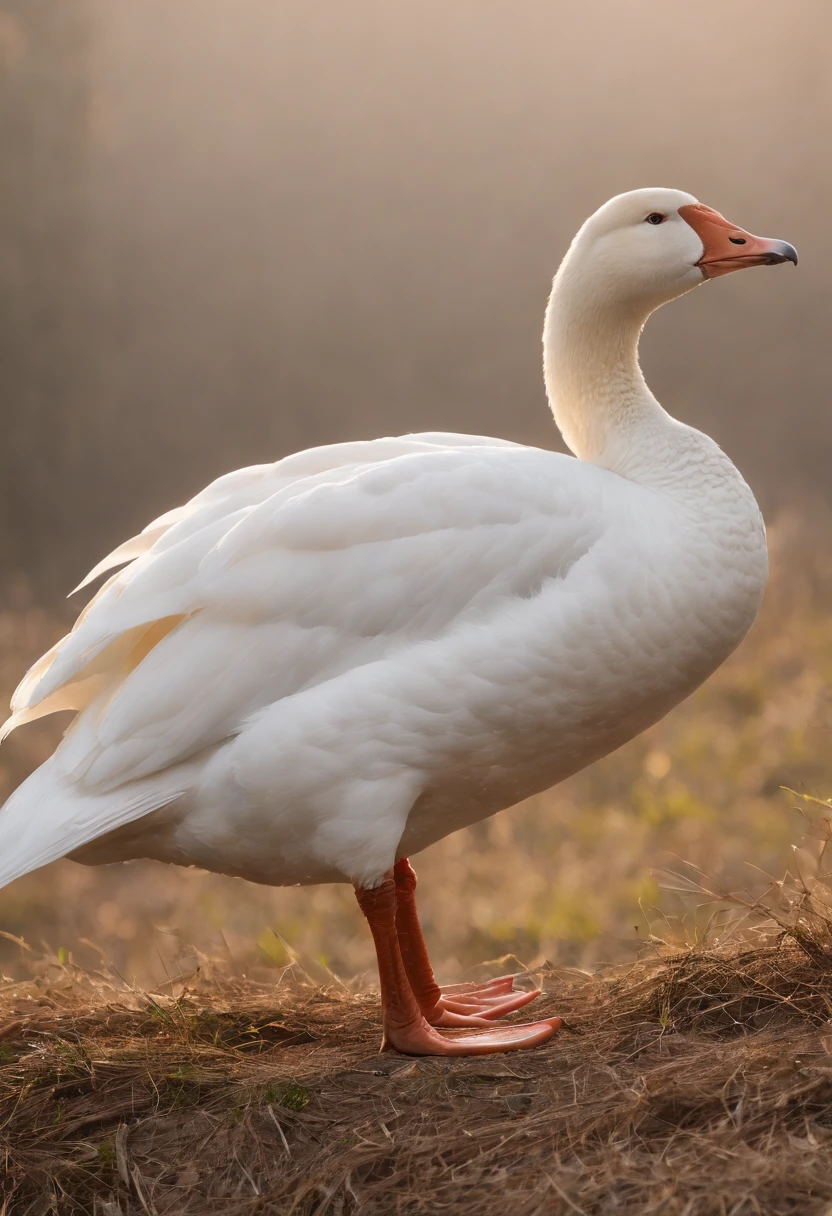 poultry,gooses,The white goose flutters gracefully on its fingers, Strong morning light pervaded the fog,strike,saunt、 Highlight its intricate feathers with dramatic side lighting、Full body like,hentail realism、Realistic、simplebackground,k hd,