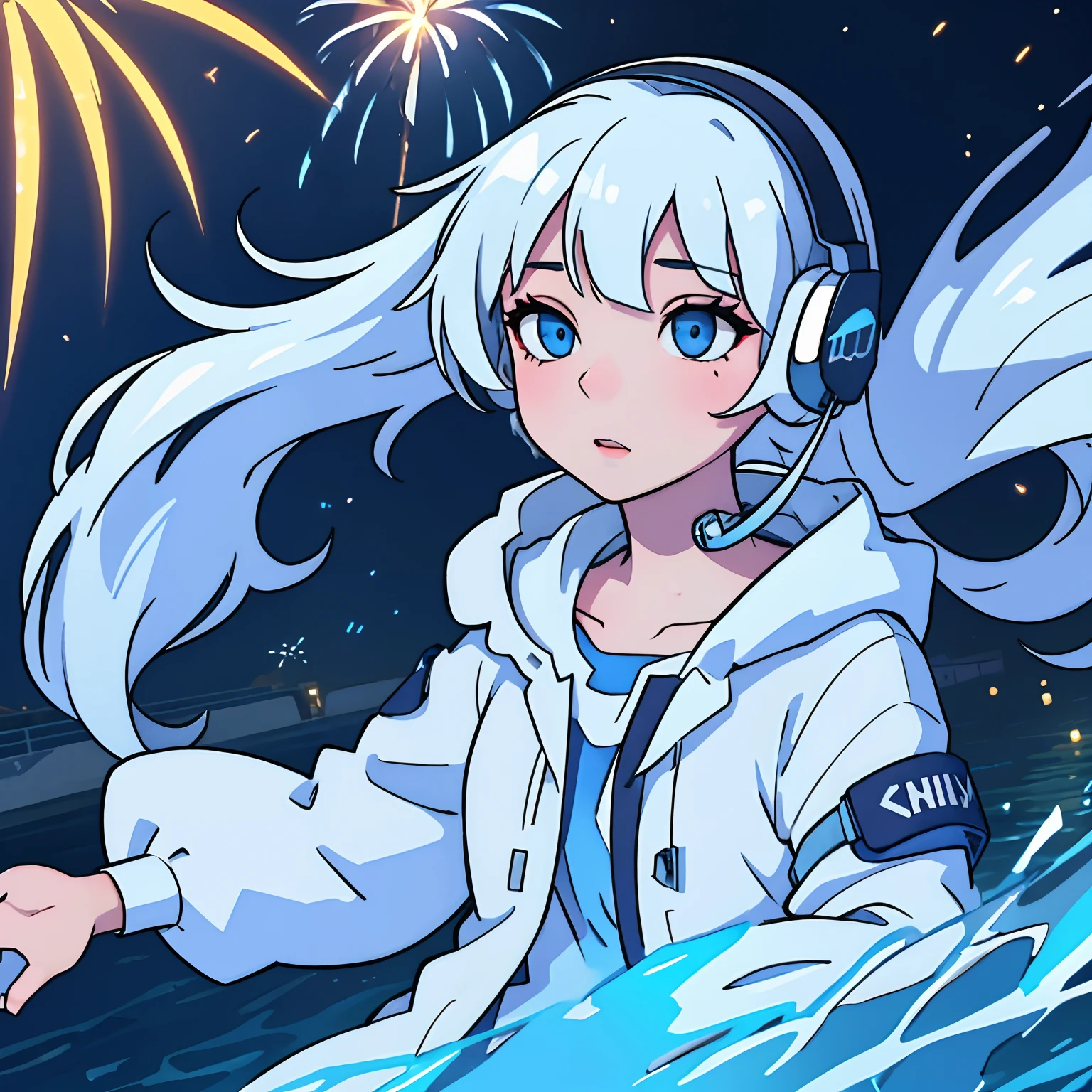 1gril Blue eyed sparkling albino, use headphone and headphone,Watching fireworks In the river, light reflects on the water , ultra detail, mak detail, intelligent lighting, intelligent blue effect
