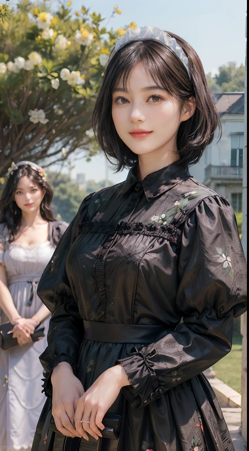 12
(Black Shorthair:1.3), (a 20 yo woman), (A hyper-realistic), (Masterpiece), (8KUHD), Beautiful woman, a smile, (Maid clothes with floral patterns:1.2), Large and luxurious terrace, Standing in a garden with a wide depth, (Focus on the face:1.23), 2dogs