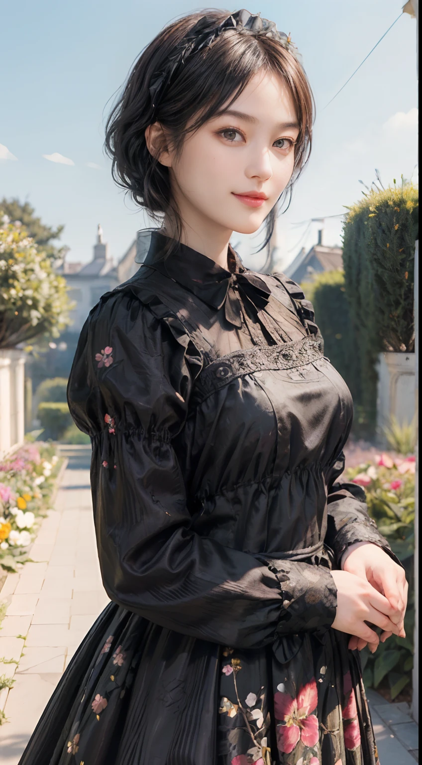 12
(Black Shorthair:1.3), (a 20 yo woman), (A hyper-realistic), (Masterpiece), (8KUHD), Beautiful woman, a smile, (Maid clothes with floral patterns:1.2), Large and luxurious terrace, Standing in a garden with a wide depth, (Focus on the face:1.23), 2dogs