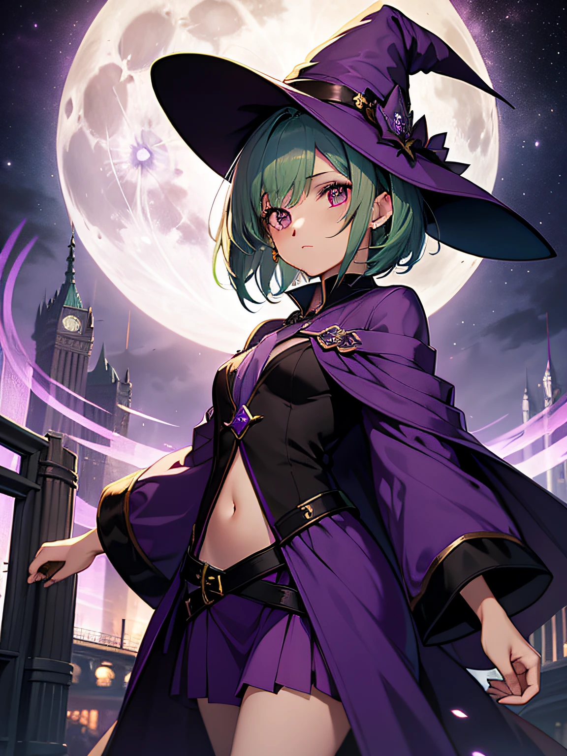 top-quality、extremely delicate and beautiful、(A teenage girl)、Purple Eye、Green hair、short-haired、(purple witch hat)、Purple tie、Soio、shortsleeves、Purple skirt、Purple Wizard Robe、Navel、is standing、Full moon night on background
