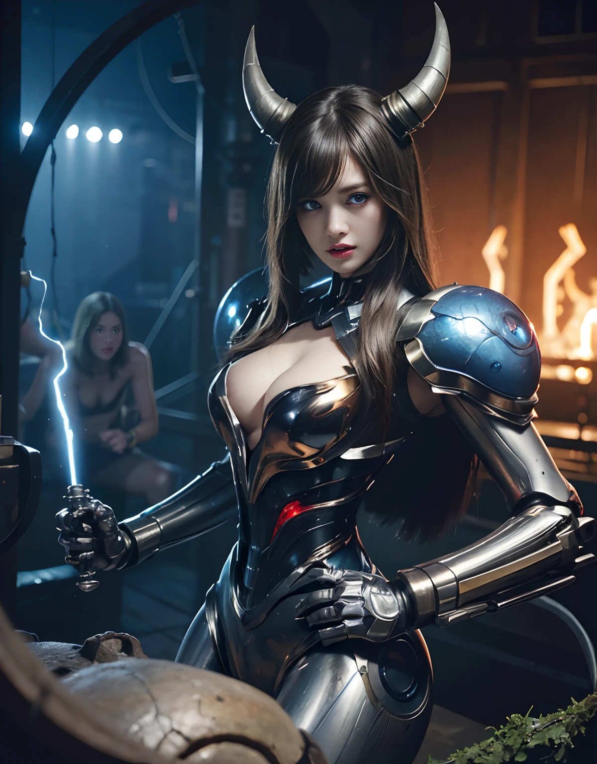 (1 Mechanical Girl)、top-quality、​masterpiece、超A high resolution、(Photorealsitic:1.4)、Raw photo、女の子1人、Fight mutants、glowy skin、(((1 Mechanical Girl)))、With a beautiful knife、（Green Metal Bodysuit）、(Kobold、ogre、Fierce battle with orcs),（Fight fiercely against aliens）、Fight fiercely、(beautiful forest background)、(Fighting Demonic Beasts)、(Small LED)、((super realistic details))、portlate、(Strong giant demon beast background),globalillumination、Shadow、octan render、8K、ultrasharp、Colossal tits、Raw skin is exposed in cleavage、metals、Details of complex ornaments、Japan details、highly intricate detail、Realistic light、(Mystical expression),CGSoation Trends、Blue eyes、radiant eyes、Facing the camera、neon details、(Mechanical limbs)、(blood vessels connected to tubes)、Mechanical vertebrae attached to the back、mechanical cervical attaching to neck、(Wires and cables connecting to the head)、Gundam、Small LED、,Mechanical thighs、Toostock、（Hands are also made of machines）、（Attack of the Monster Beasts）、（Wounded in a deadly battle）、