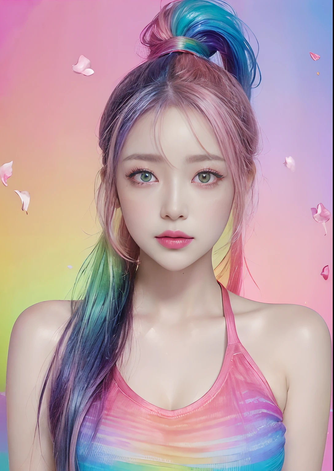 (Pink fashion T-shirt:1.9)、(colourful hair:1.8)、(all the colours of the rainbow:1.8)、((((Vertical Painting:1.6)))、(Painterly:1.6)、frontage、comic strip、illustratio、Painterly、big eye、Sheer eyes、(Iridescent gradient high ponytail:1.7)、Exquisite makeup、Mouth closed、(Small fresh:1.5)、(Wipe Chest:1.6)、long eyeslashes、White off-the-shoulder T-shirt、White shoulder shirt、looking at the spectator、Large watery eyes、(rainbow-colored hair:1.6)、 color splashes, (独奏:1.8), color splashes, Color explosion, Thick paint style, Messy lines, ((Shines)), (colourfull), (colourfull), colourfull, colourfull, Chic paint style, (Splash) (color splashes), Vertical Painting, The upper part of the body, Paint splashes, Acrylic Pigment, gradients, paint, Top image quality, Top image quality, masterpiece, 独奏, depth of fields, facepaint, colourful clothes, (elegent: 1.2), Gorgeous,length hair, the wind, (elegent: 1.3), (flower petals:1.4)、(((masterpiece)))、(((top-quality)))、((ultra-detailliert))、(illustratio)、(dynamic ungle)、((Planktonic))、(paint)、((dishevled hair))、(独奏)、(1girl in)、((Detailed anima face)))、((beautifull detailed face))、collars、bare shoulders、white hair、((colourful hair))、(((striated hair))、beatiful detailed eyes、(Gradient color eyes)、(((Colorful eyes))))、(colorful backdrop))))、((((a high chroma))))、(((Surrounded by colorful splashes)))、 information