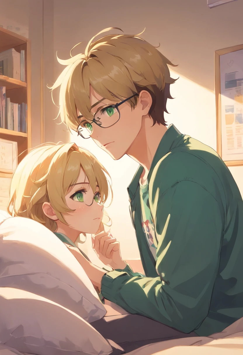 A man in his late 20's with brown hair having blonde highlights and green eyes. Fair skin, some freckles, glasses. Fluffy short curly hair. Seriously looking. Wearing modern style clothes. In a bedroom. Shy expression. Masculine and closeted gay. With a mysterious boyfriend