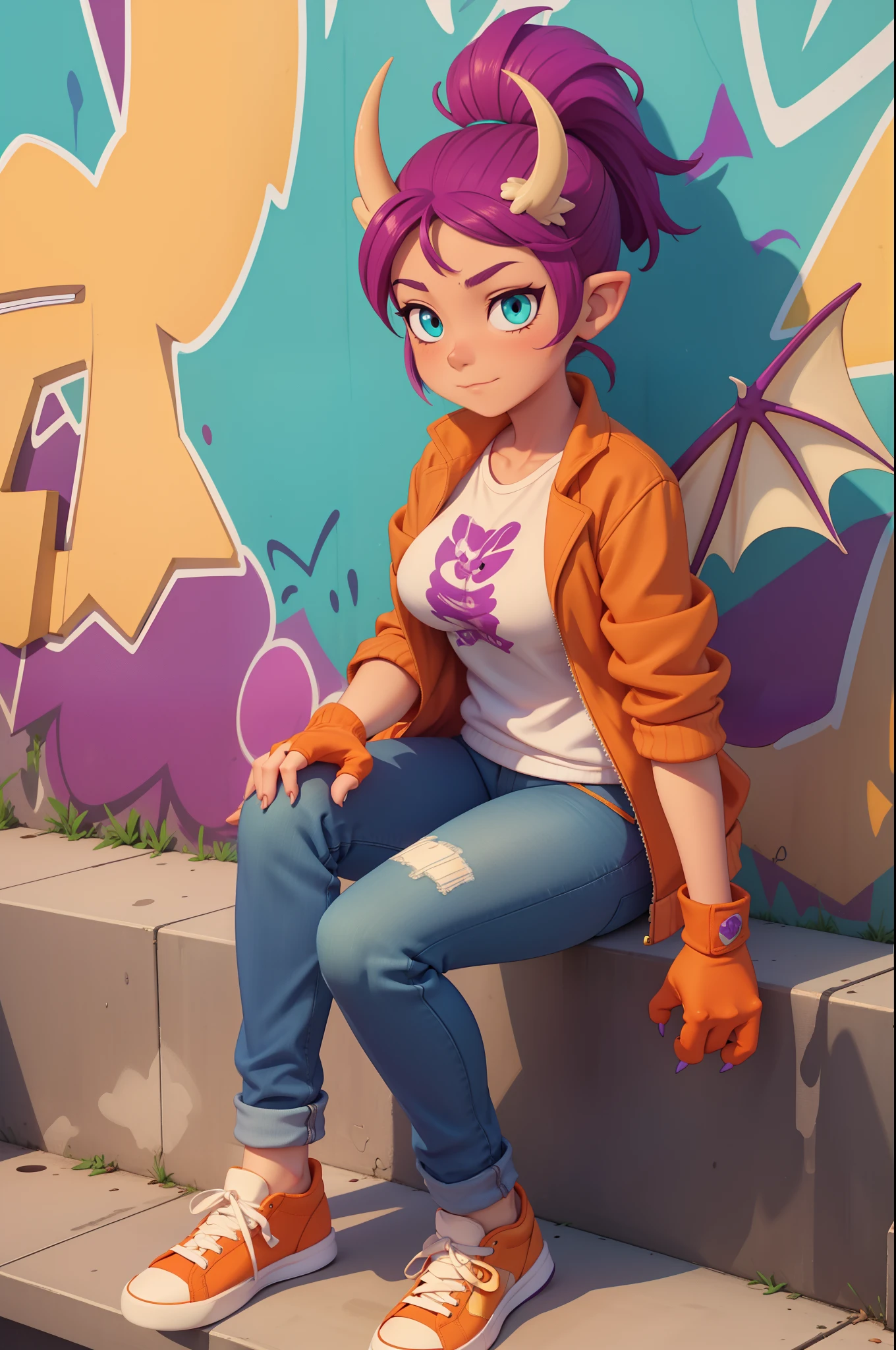 Dragon Girl, purple hair, (Beige dragon horns), Cyan eyes, scale, paws with claws, Orange spread wings, orange ponytail with purple hair at the tip, anthro, Average Breasts, dragon head, ladder, sitting on a staircase, in blue jeans, red sneakers, orange jacket, graffiti on the walls, The city