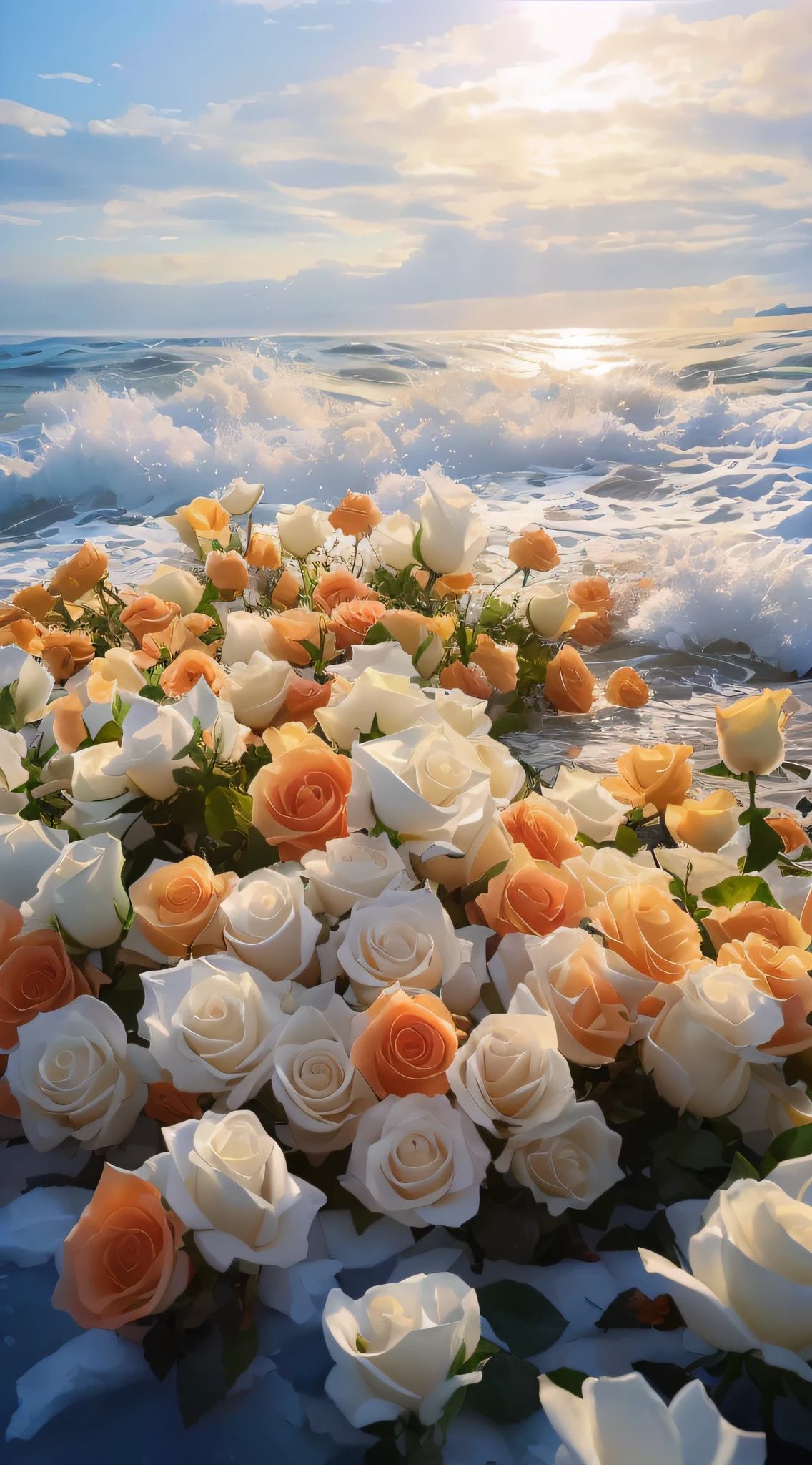 Flowers on the beach by the sea，rays of sunshine, flowers sea rainning everywhere, flowers sea everywhere, roses in cinematic light, alexey egorov, exploding roses, laying on roses, rose background, Flowers explode, rosses, White roses, Beautiful and aesthetic, breathtaking composition, Overflowing, floral sunset, epic coves crashing waves plants