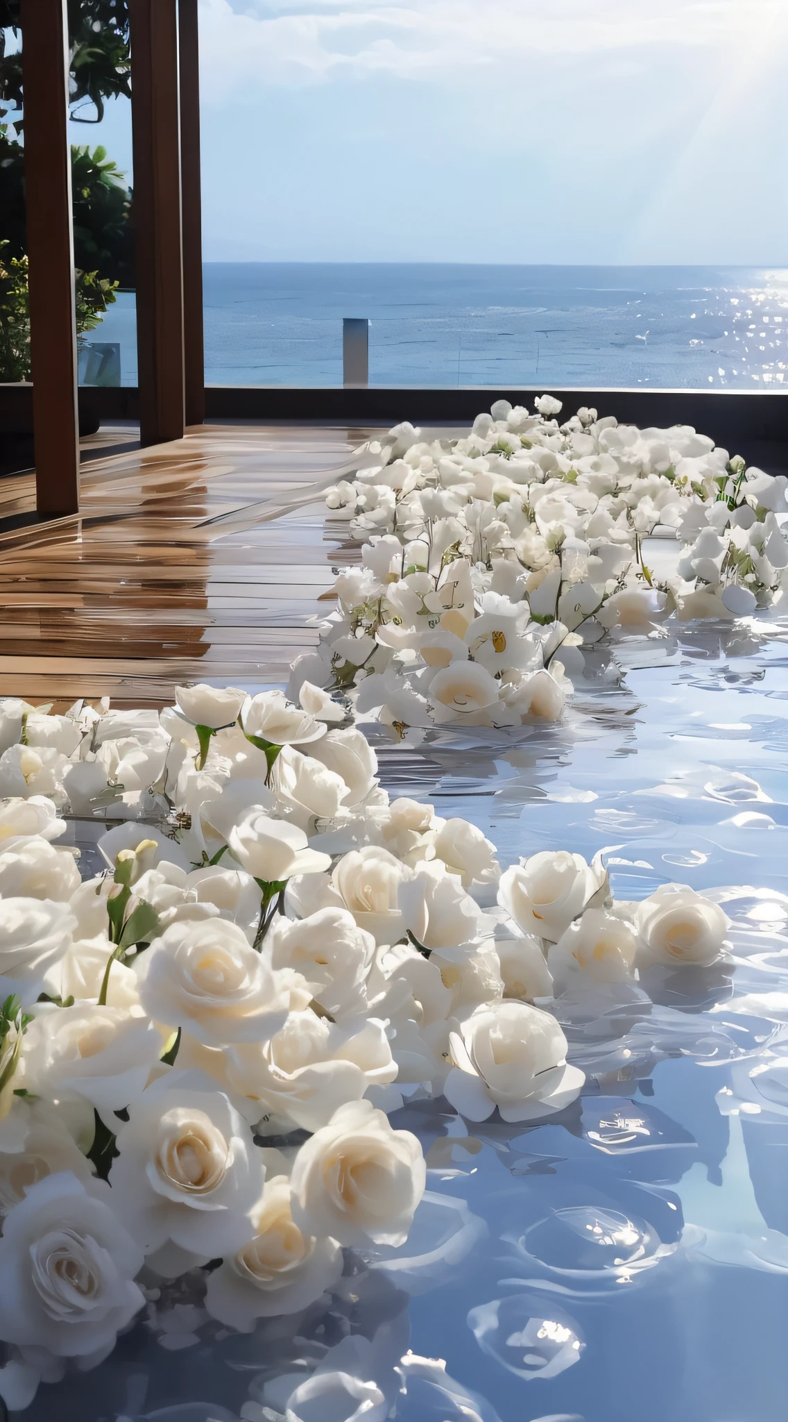 There are many white flowers blooming on the ground by the water, flowers sea everywhere, Float, Perfect detail, Flower beds on the floor, white flowers on the floor, flowers sea rainning everywhere, floating bouquets, enchanted surroundings, Masterpiece works of art, Outstanding detail, mind-blowing detail, serene emotion, Beautiful setting, perfeitamente detalhada, infinity concentric pool, breathtaking composition