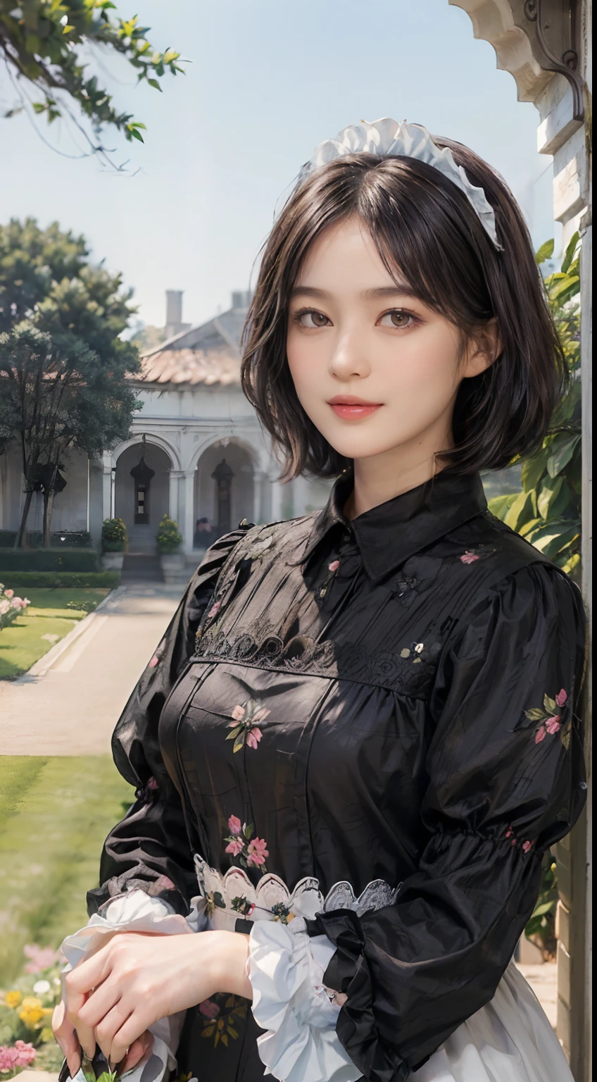 12
(Black Shorthair:1.3), (a 20 yo woman), (A hyper-realistic), (Masterpiece), (8KUHD), Beautiful woman, a smile, (Maid clothes with floral patterns:1.2), Large and luxurious terrace, Standing in a garden with a wide depth, (Focus on the face:1.23), 2dogs