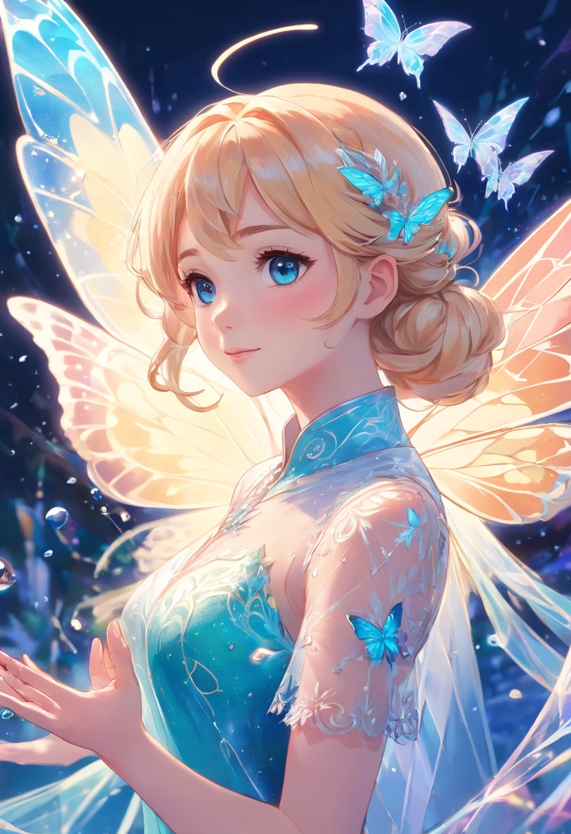 Holy Light Butterfly Angel Girl,Butterfly wings,Chest shooting(mcu),in the style of rococo pastel hues,light white and light red,Incredibly beautiful,SakuraNS,sparkling water reflections,combine,Flowing,hyper realisitc,painting of a,aethereal,Elsa Burda,stockphoto,Elements of mixed reality and fantasy,Ray traching,Intricate patterns,delicate linework,Pressed crystals,Exquisite hands,Perfect fingers without blemishes