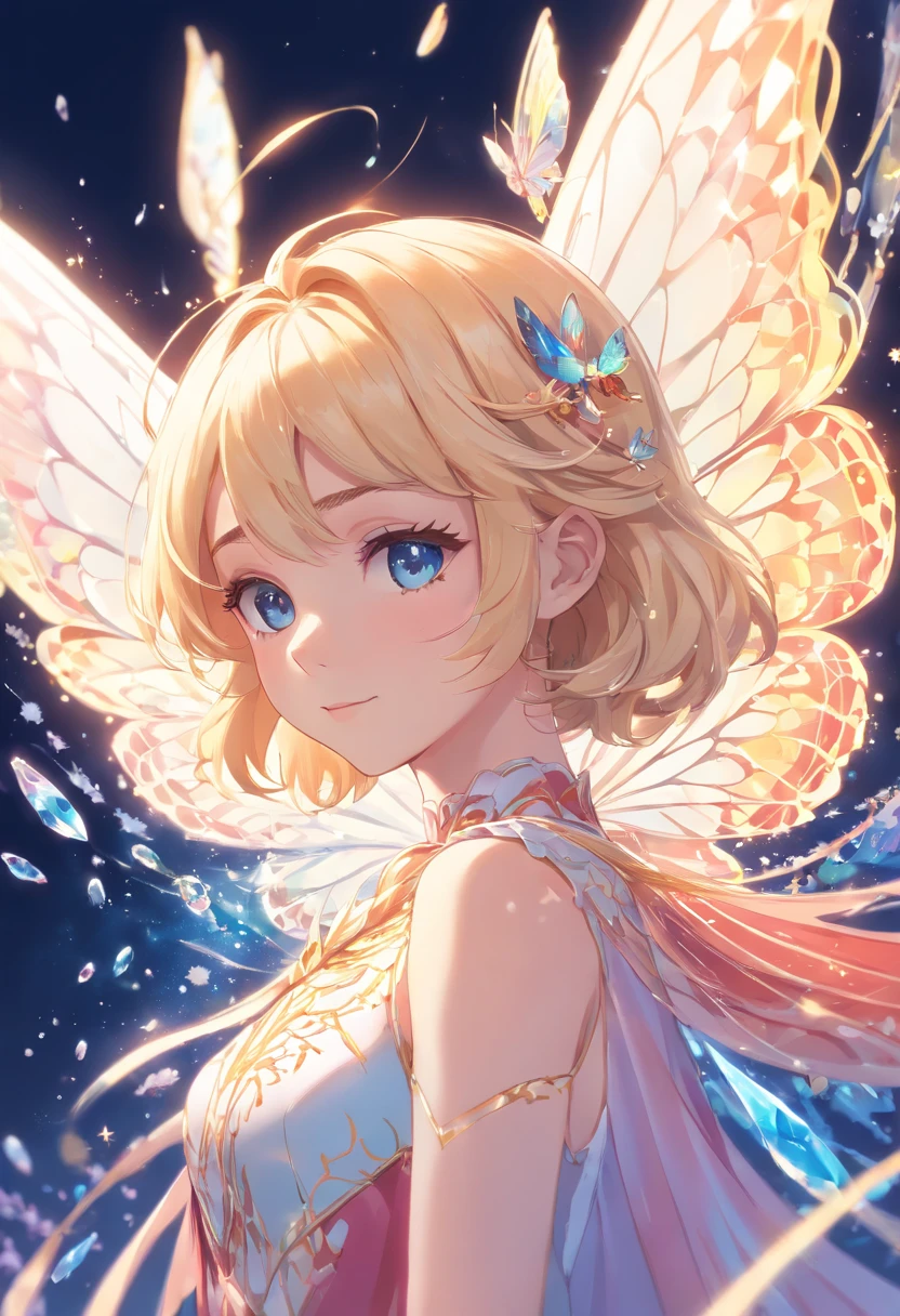 Holy Light Butterfly Angel Girl,Butterfly wings,Chest shooting(mcu),in the style of rococo pastel hues,light white and light red,Incredibly beautiful,SakuraNS,sparkling water reflections,combine,Flowing,hyper realisitc,painting of a,aethereal,Elsa Burda,stockphoto,Elements of mixed reality and fantasy,Ray traching,Intricate patterns,delicate linework,Pressed crystals,Exquisite hands,Perfect fingers without blemishes
