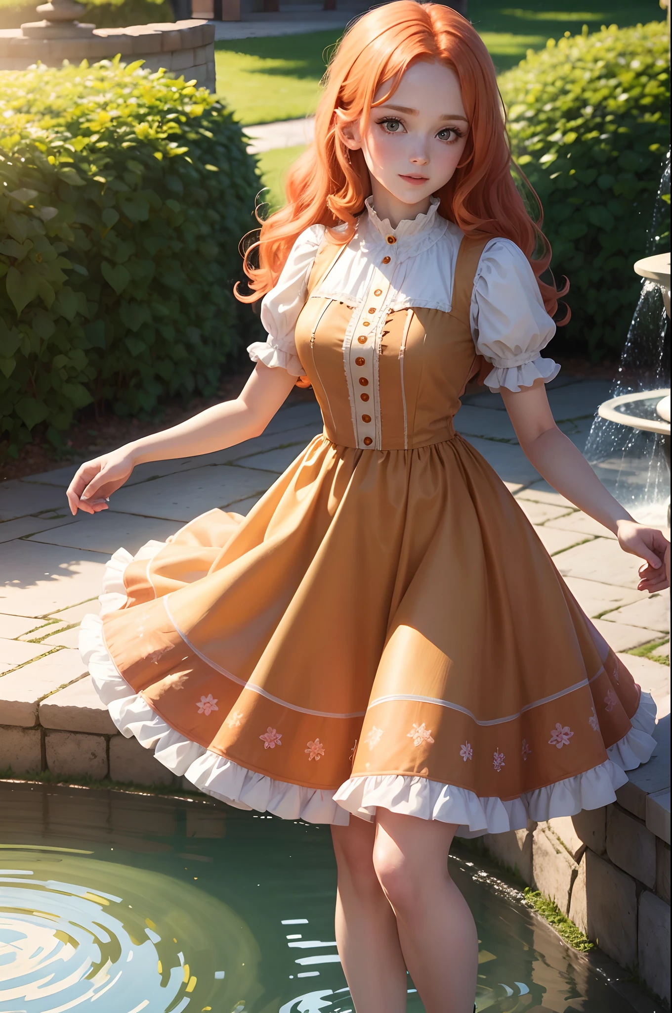 8k, masterpiece, ta, ginger hair, ginger obočí, He's looking at us, Sunlit, Frolicking happily, Dress with skirt, Colorful dresses, Blooming castle garden by the fountain