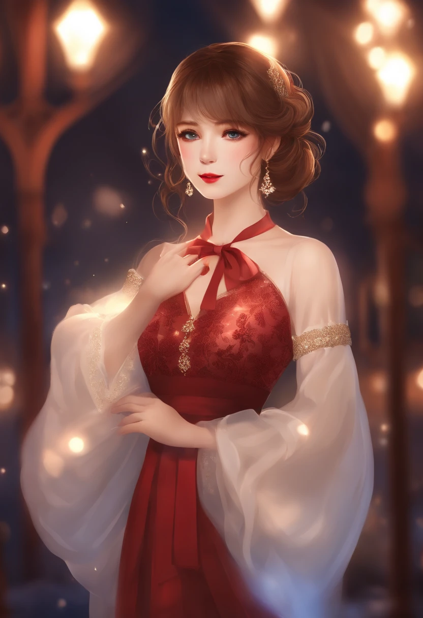 (Extremely delicate and beautiful: 1.2), 1girll, bangs, Blue eyes, bblurry, blur backgroun, bow, Brown hair, Shut up, Side view, hair between eye, Hair accessories hair bye, lantern, Light particles, Long sleeves, looki at viewer, Medium hair, Night, Red bow, Solo, stars(symbol), Upper body, Smile, Red lips