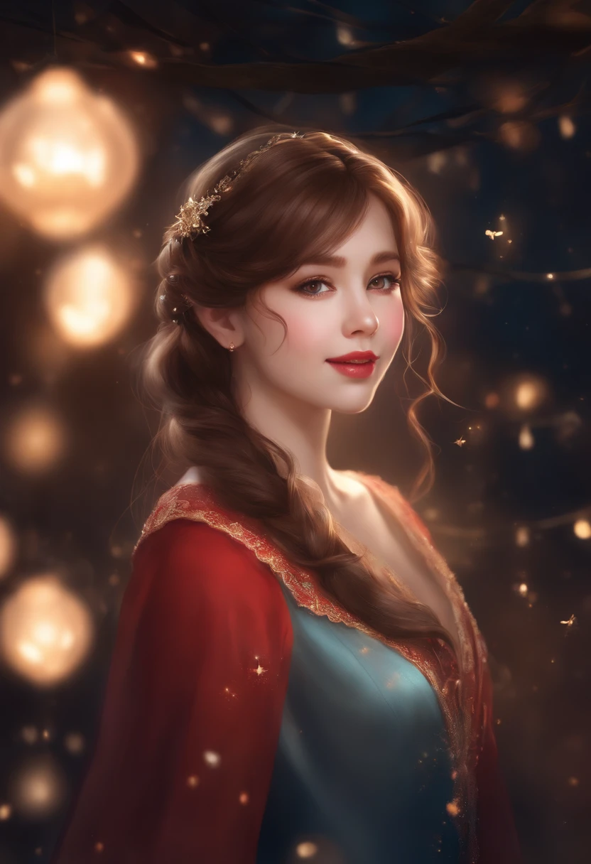 (Extremely delicate and beautiful: 1.2), 1girll, bangs, Blue eyes, bblurry, blur backgroun, bow, Brown hair, Shut up, Side view, hair between eye, Hair accessories hair bye, lantern, Light particles, Long sleeves, looki at viewer, Medium hair, Night, Red bow, Solo, stars(symbol), Upper body, Smile, Red lips