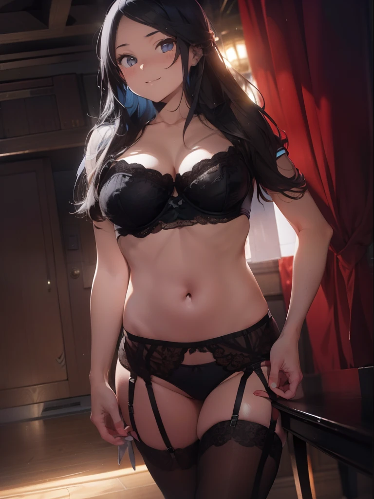 ultra-quality, ultla highres, Hyper Detailed, High contrast, superfine illustration, creative refinement, ssmile,Black corset,Black garter belt,Clubhouse at night