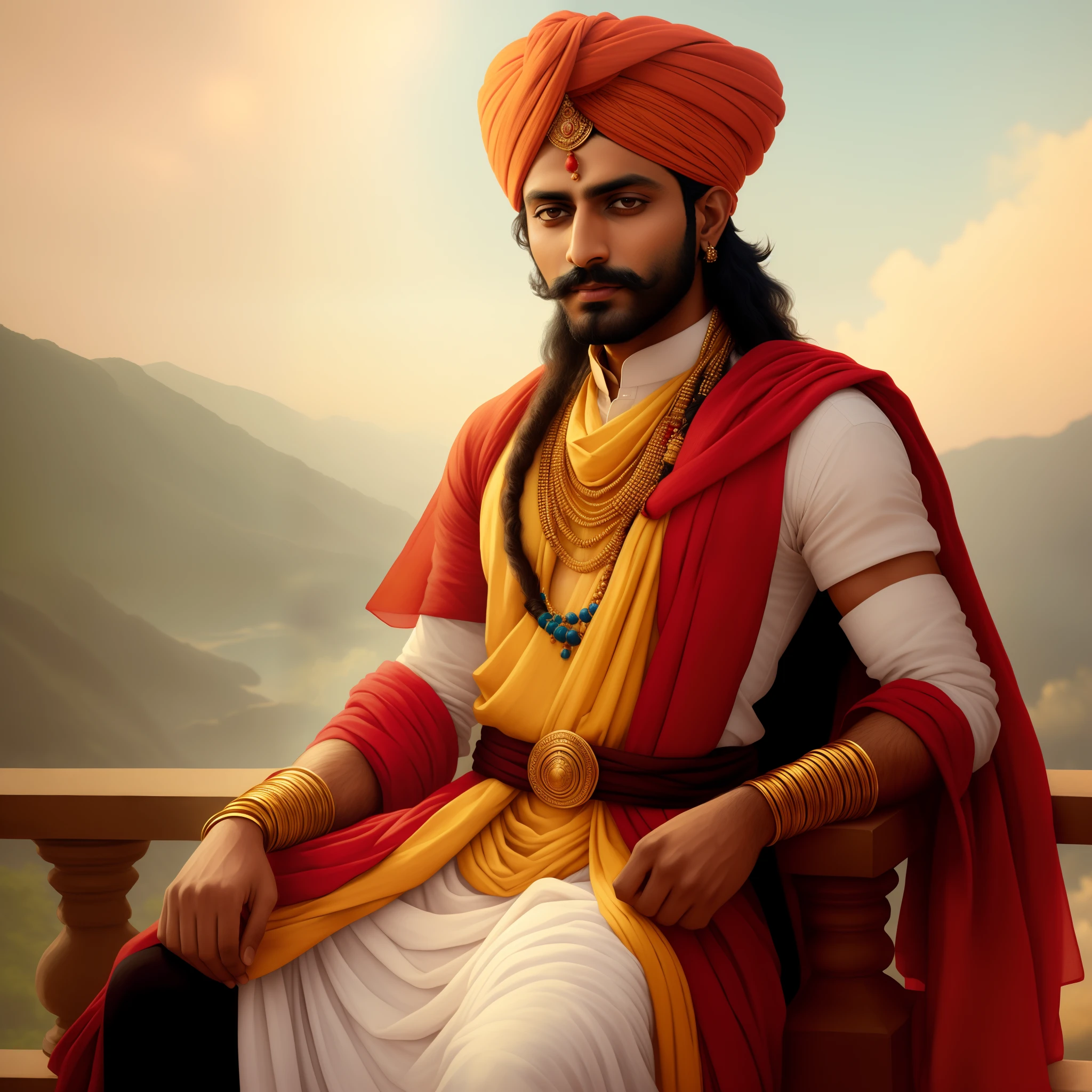 arafed man in a turban sitting on a ledge, inspired by Raja Ravi Varma, portrait shot, inspired by Kailash Chandra Meher, detailed portrait, handsome man, a portrait of the character, closeup portrait shot, detailed portrait shot, close portrait, inspired by Saurabh Jethani, ashoka tano, fanart, handsome stunning realistic