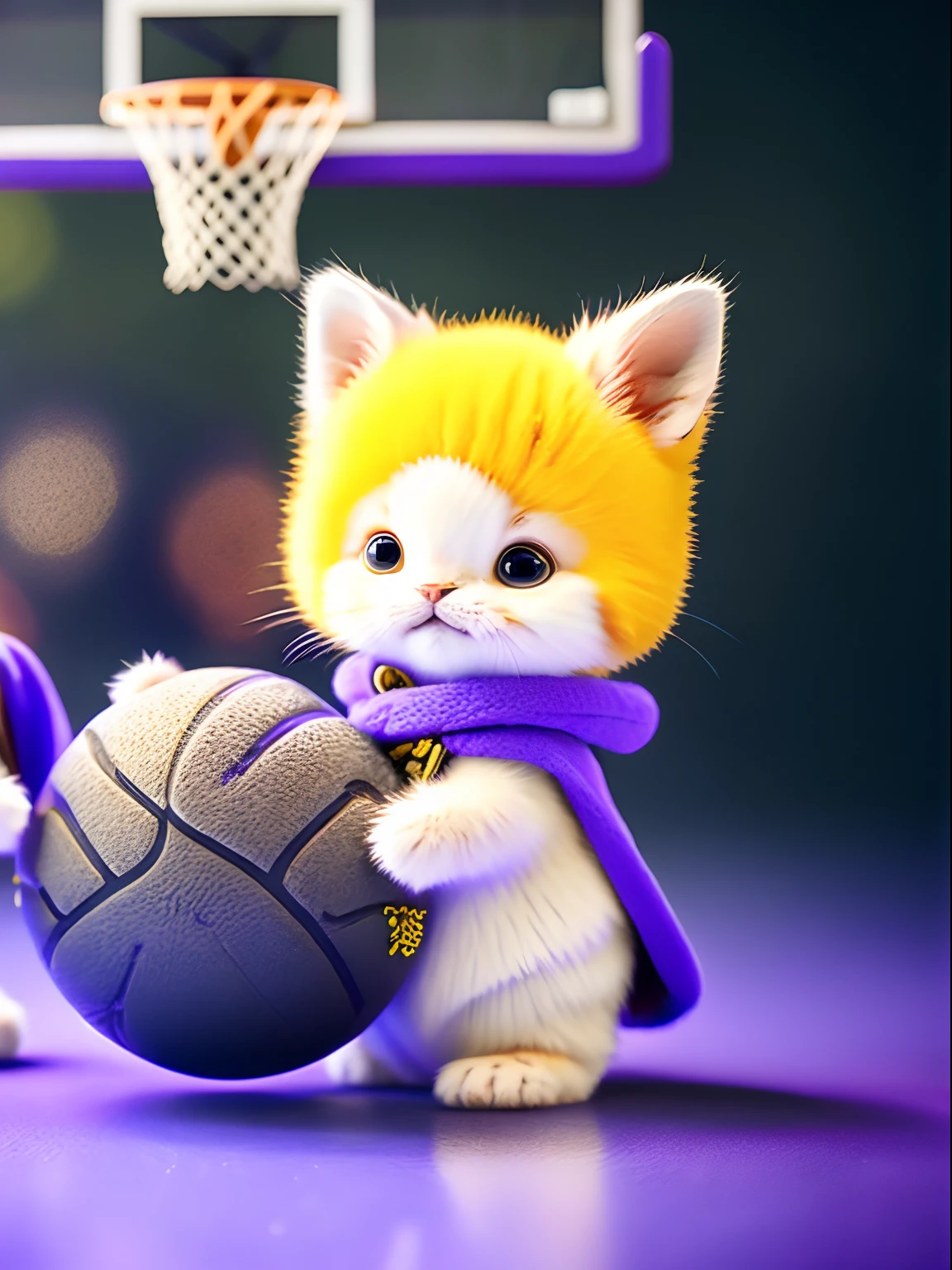 Yellow cute kitten，Stand on two feet，basketball playground，depth of fields，Wearing a purple basketball suit，Take the basketball and spin