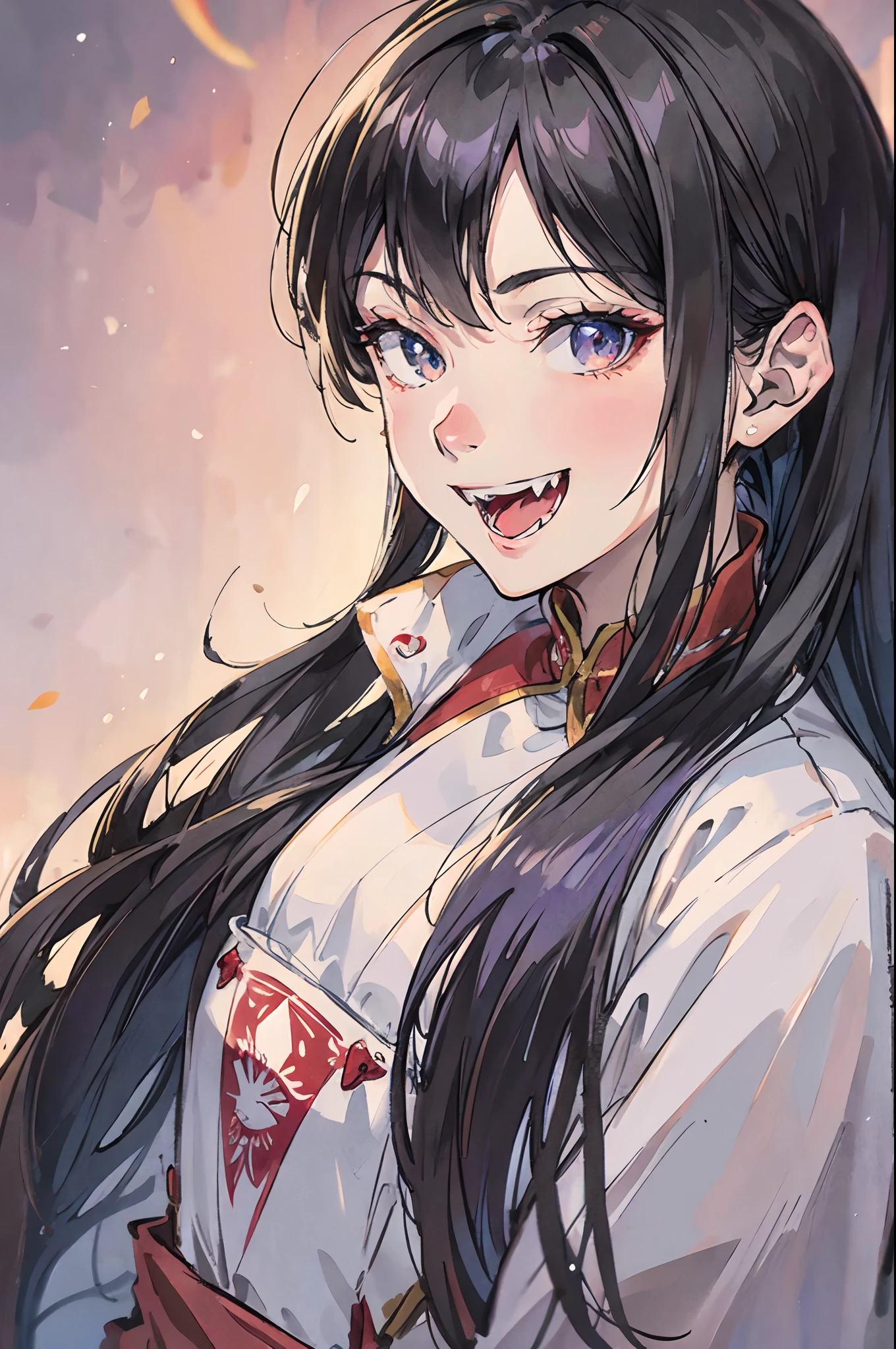 1 man with long hair, leaning towards viewer, tidy long hair, smiling, fangs, open mouth, smug eyes, cool illustration, fantasy outfit, close up of face