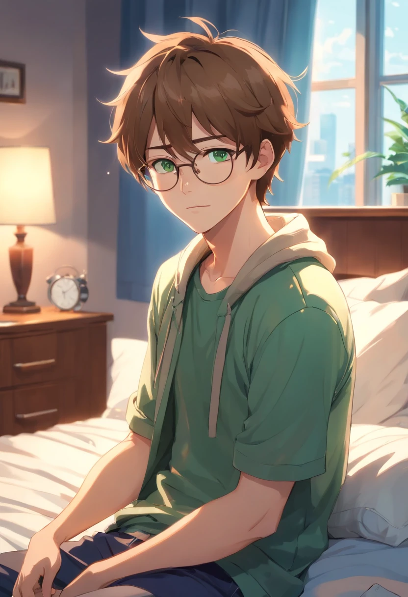 A man in his late 20's with light brown hair and green eyes. Fair skin, some freckles, glasses. Fluffy short curly hair. Seriously looking. Wearing modern style clothes. In a bedroom with boyfriend. Shy expression. Masculine and closeted gay. Explicit action s