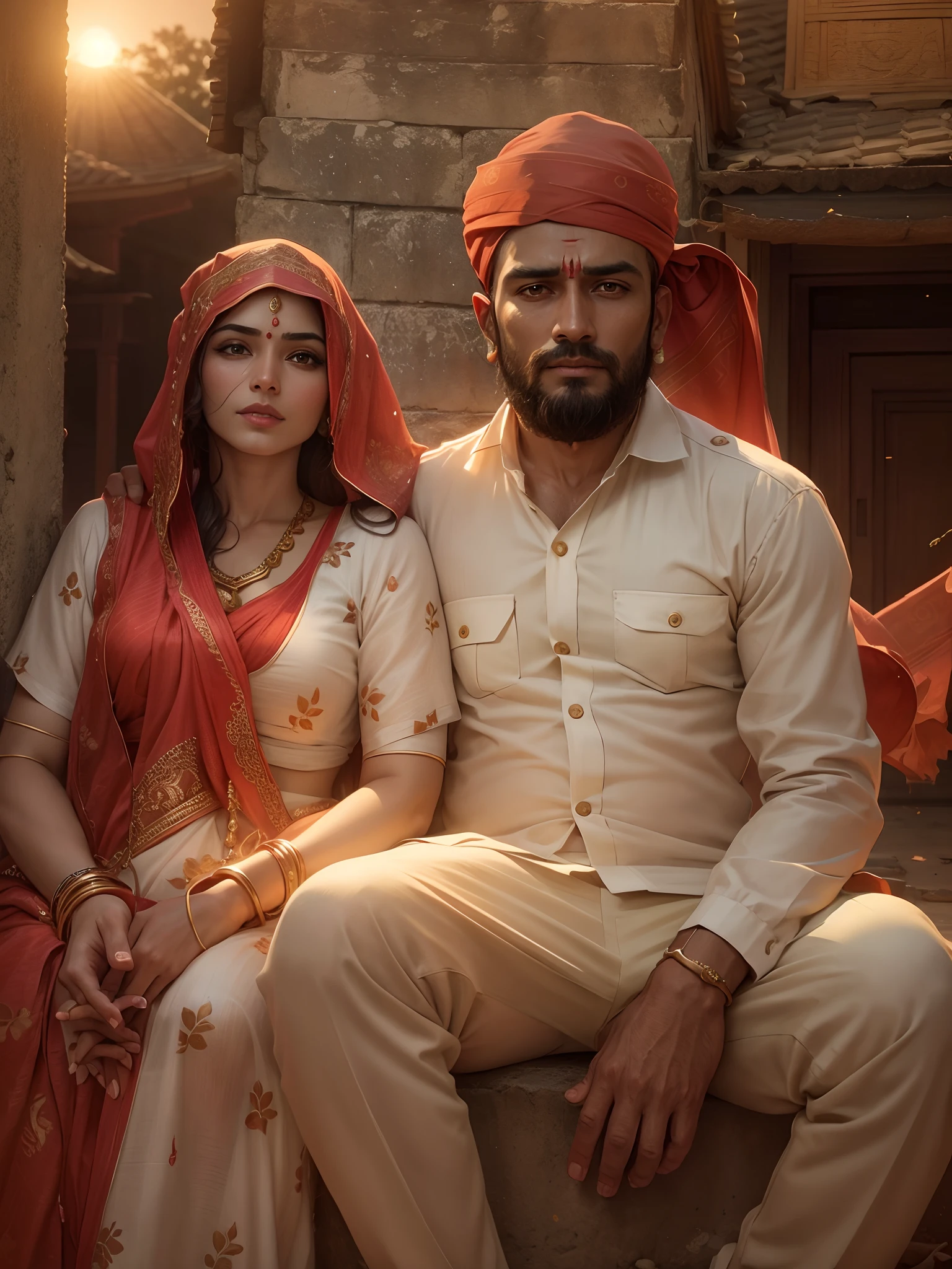 Background change into mandir with sunset handsome man servani and beautiful women banarshi Saree realistic photo 8k realistic photo