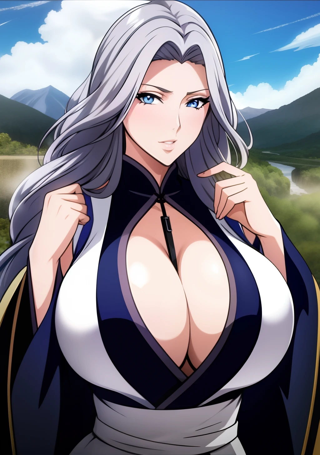 Big tits, silver hair, blue eyes, black kimono, cleavage, long hair, intrincate details, detailed, masterpiece, best quality, 4K, HDR, mountain, upperbody,
