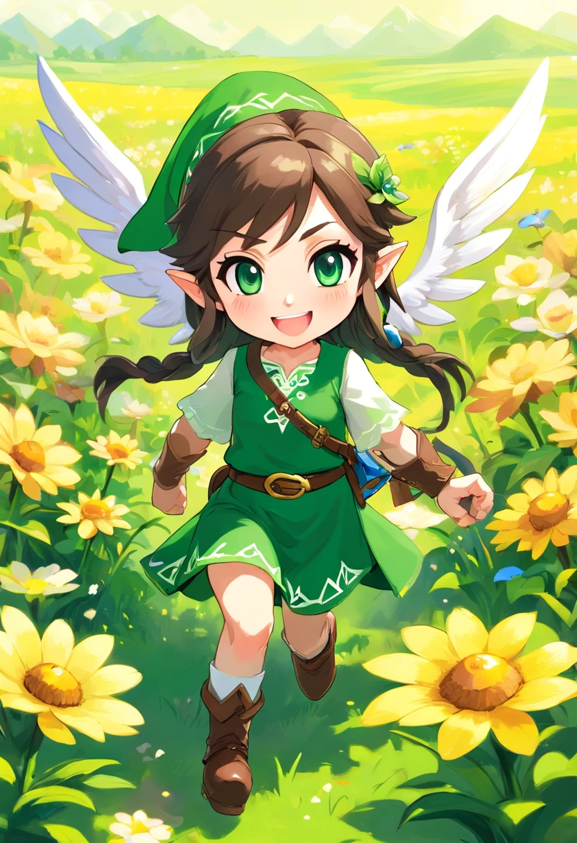 tchibi、White double-winged、Leprechaun、A dark-haired、Laughing、Floating、flower field、PastelColors